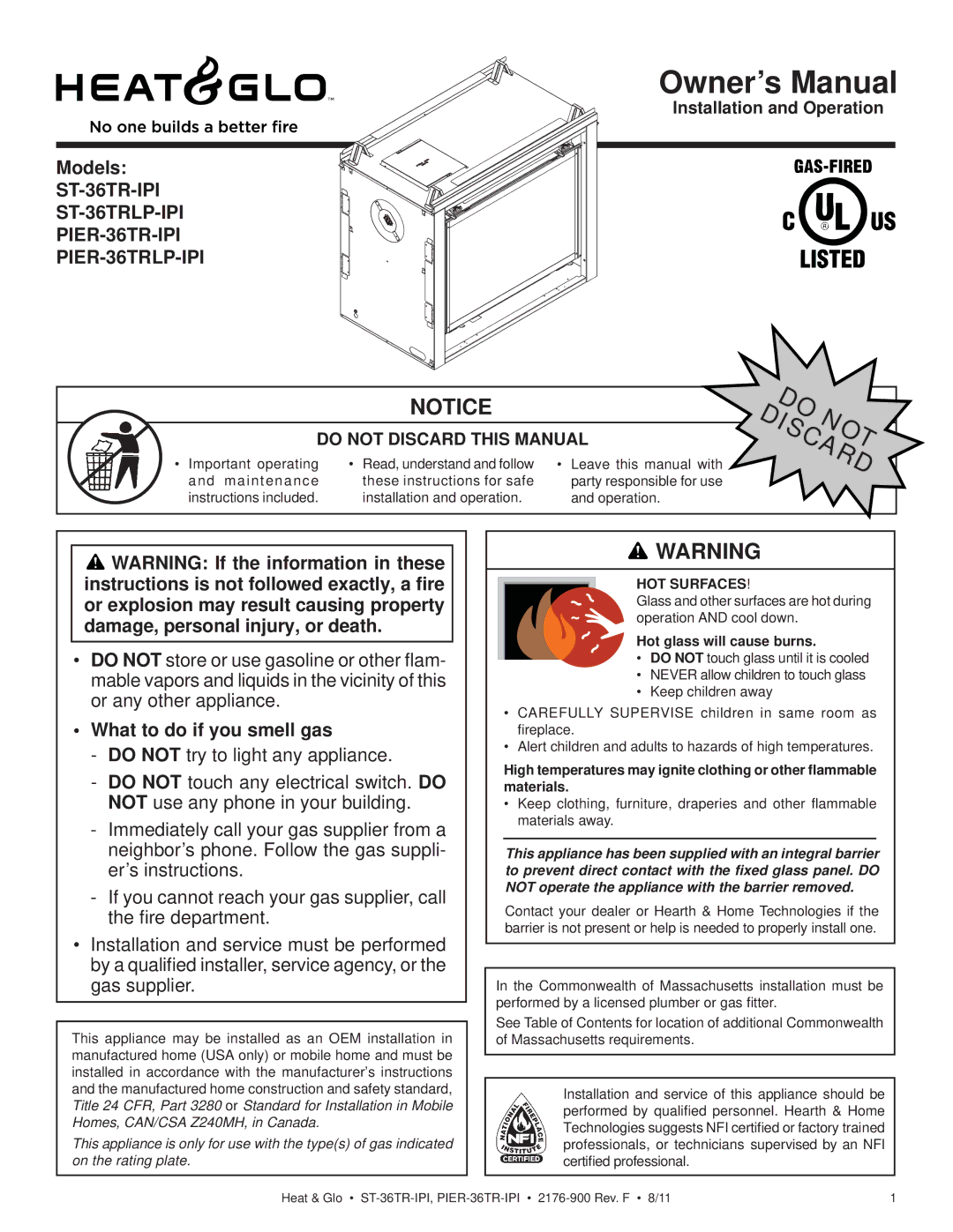 Heat & Glo LifeStyle PIER-36TR-IPI, PIER-36TRLP-IPI, ST-36TRLP-IPI owner manual Models, What to do if you smell gas 