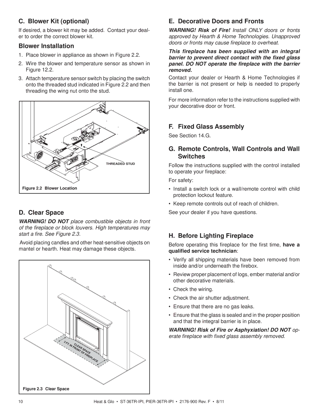 Heat & Glo LifeStyle ST-36TRLP-IPI Blower Kit optional, Blower Installation, Decorative Doors and Fronts, Clear Space 