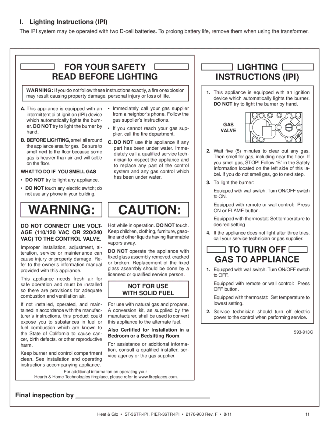 Heat & Glo LifeStyle ST-36TR-IPI, PIER-36TRLP-IPI, PIER-36TR-IPI owner manual Lighting Instructions IPI, Final inspection by 