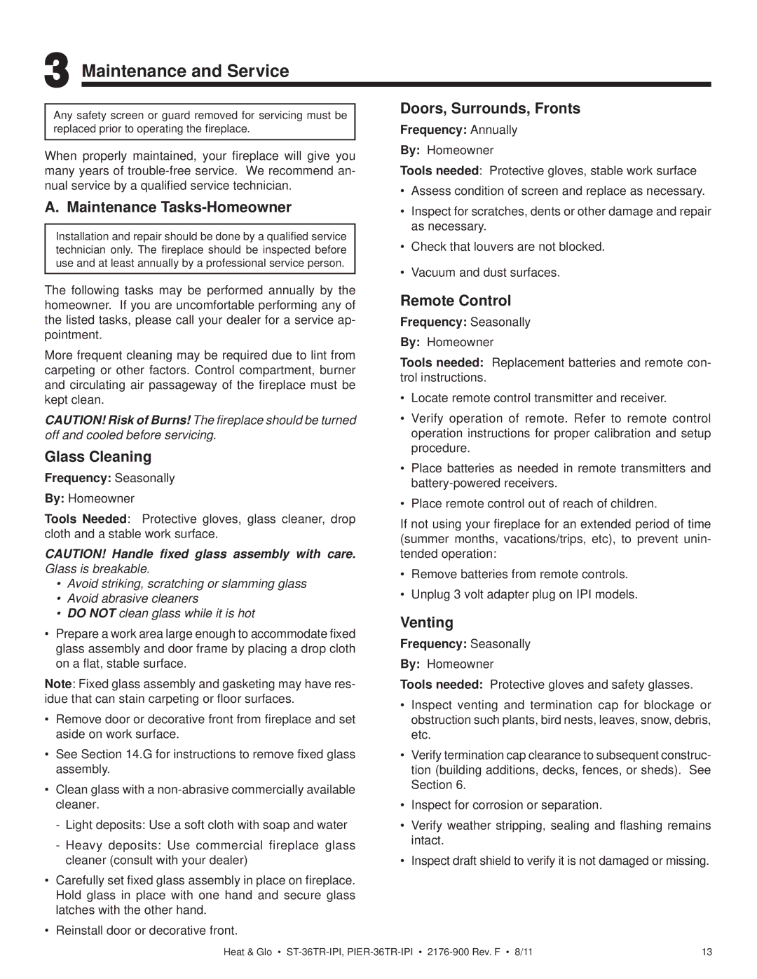 Heat & Glo LifeStyle PIER-36TR-IPI, PIER-36TRLP-IPI, ST-36TRLP-IPI, ST-36TR-IPI owner manual Maintenance and Service 