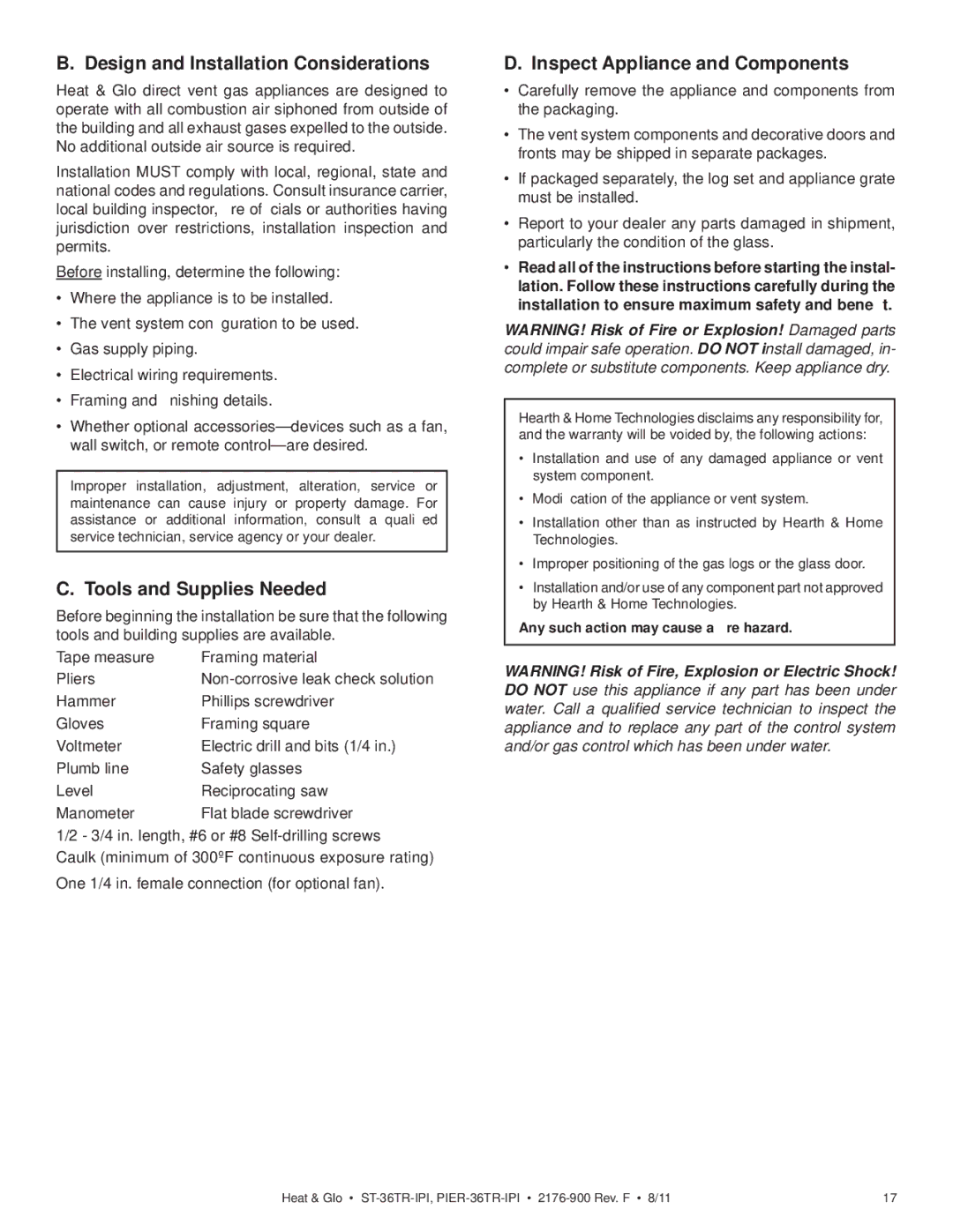 Heat & Glo LifeStyle PIER-36TR-IPI, PIER-36TRLP-IPI Design and Installation Considerations, Tools and Supplies Needed 