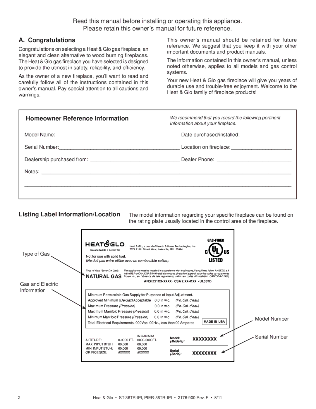 Heat & Glo LifeStyle ST-36TRLP-IPI, PIER-36TRLP-IPI, PIER-36TR-IPI Congratulations, Homeowner Reference Information 