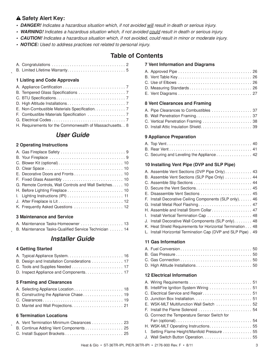 Heat & Glo LifeStyle ST-36TR-IPI, PIER-36TRLP-IPI, PIER-36TR-IPI, ST-36TRLP-IPI owner manual Table of Contents, User Guide 