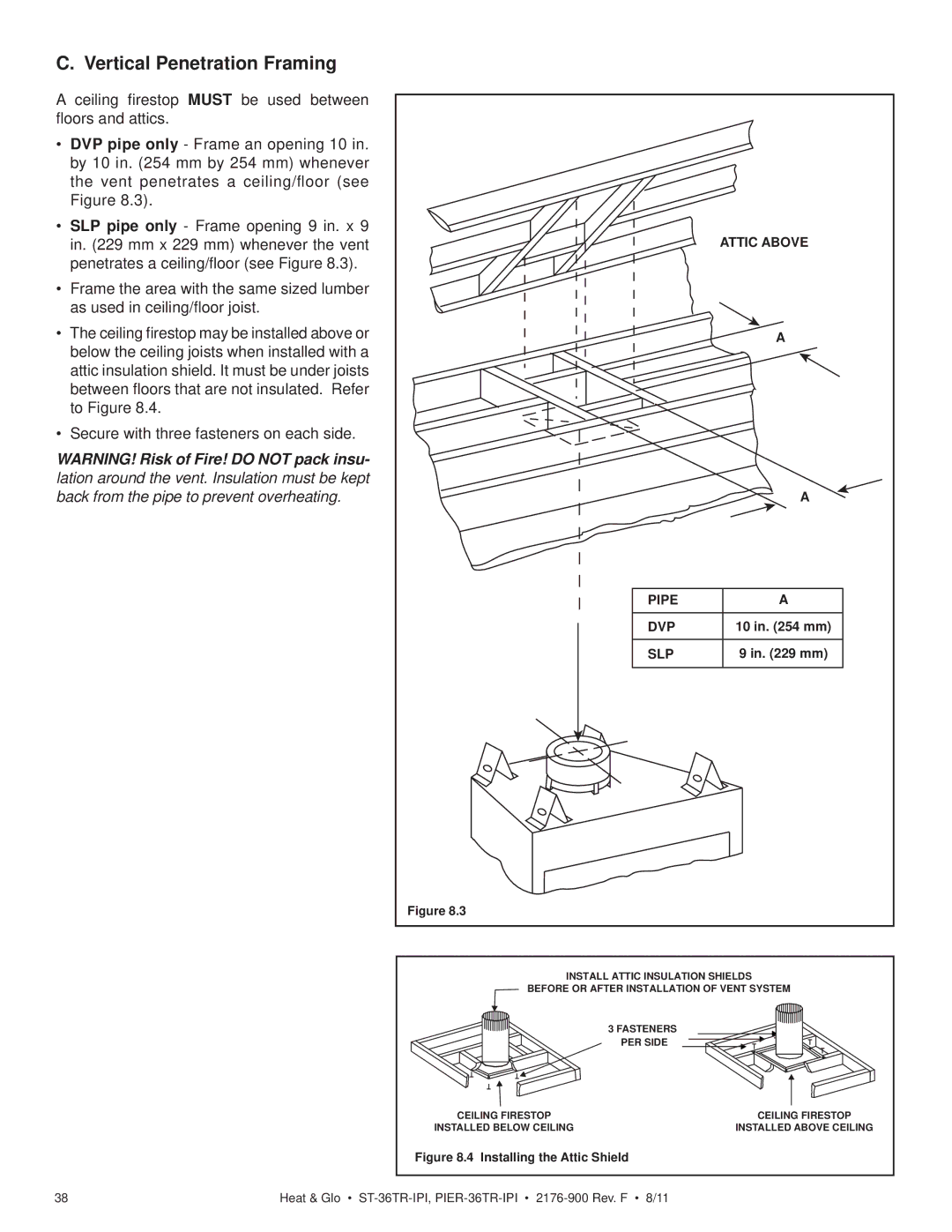 Heat & Glo LifeStyle ST-36TRLP-IPI, PIER-36TRLP-IPI, PIER-36TR-IPI, ST-36TR-IPI Vertical Penetration Framing, Pipe DVP SLP 