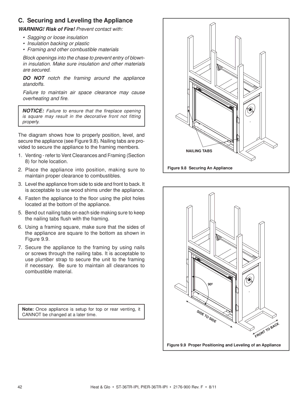 Heat & Glo LifeStyle ST-36TRLP-IPI, PIER-36TRLP-IPI, ST-36TR-IPI Securing and Leveling the Appliance, Securing An Appliance 