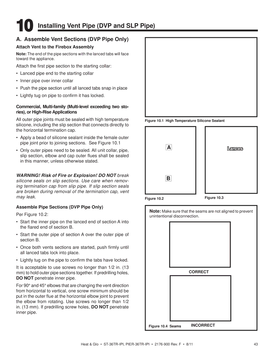 Heat & Glo LifeStyle ST-36TR-IPI owner manual Installing Vent Pipe DVP and SLP Pipe, Assemble Vent Sections DVP Pipe Only 