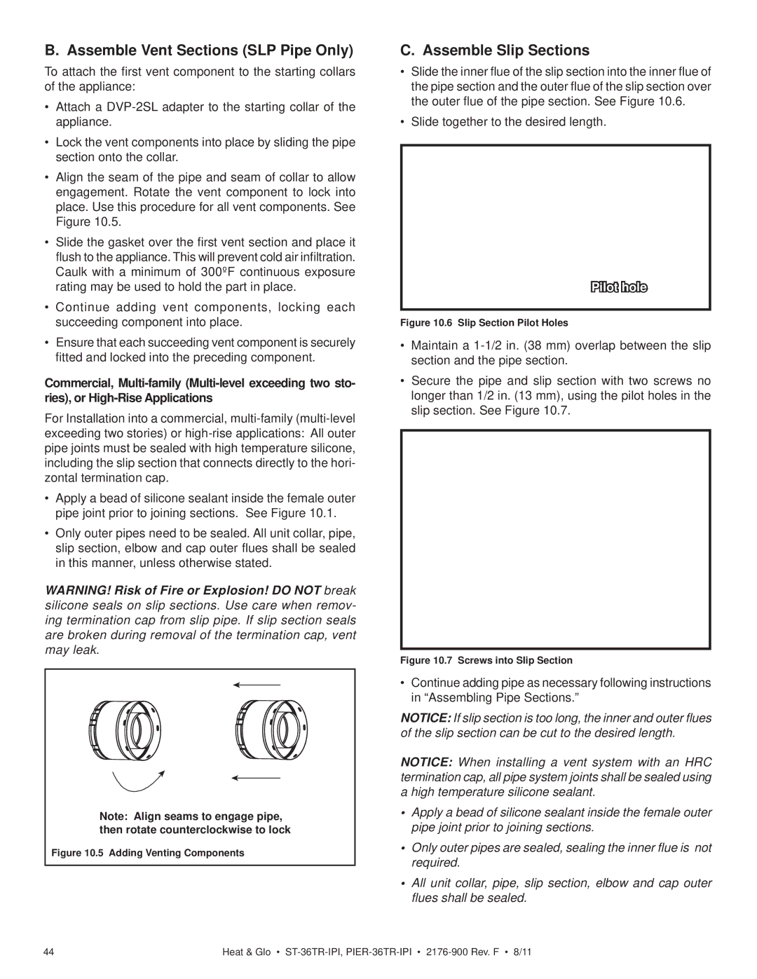 Heat & Glo LifeStyle PIER-36TRLP-IPI, PIER-36TR-IPI Assemble Vent Sections SLP Pipe Only, Assemble Slip Sections 