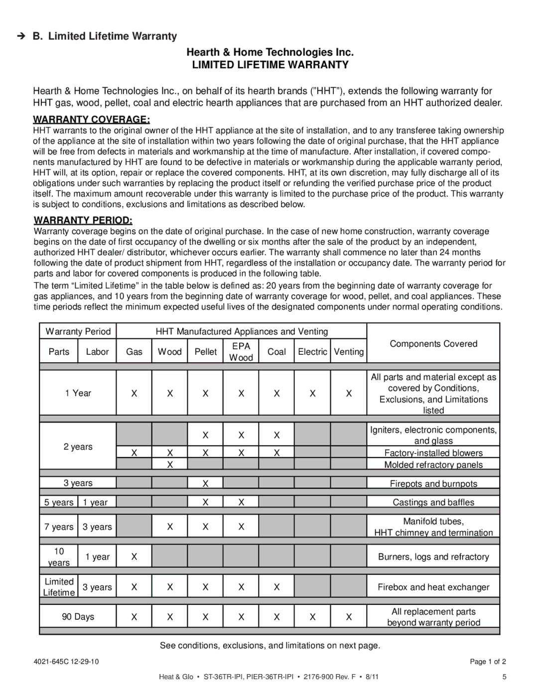 Heat & Glo LifeStyle PIER-36TR-IPI, PIER-36TRLP-IPI, ST-36TRLP-IPI, ST-36TR-IPI owner manual  B. Limited Lifetime Warranty 