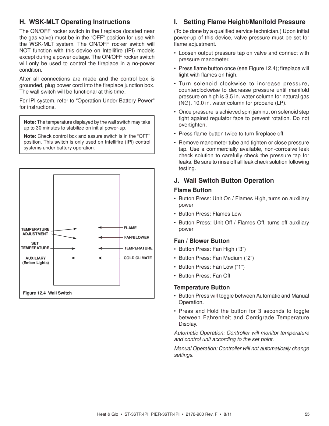 Heat & Glo LifeStyle ST-36TR-IPI, PIER-36TRLP-IPI WSK-MLT Operating Instructions, Setting Flame Height/Manifold Pressure 