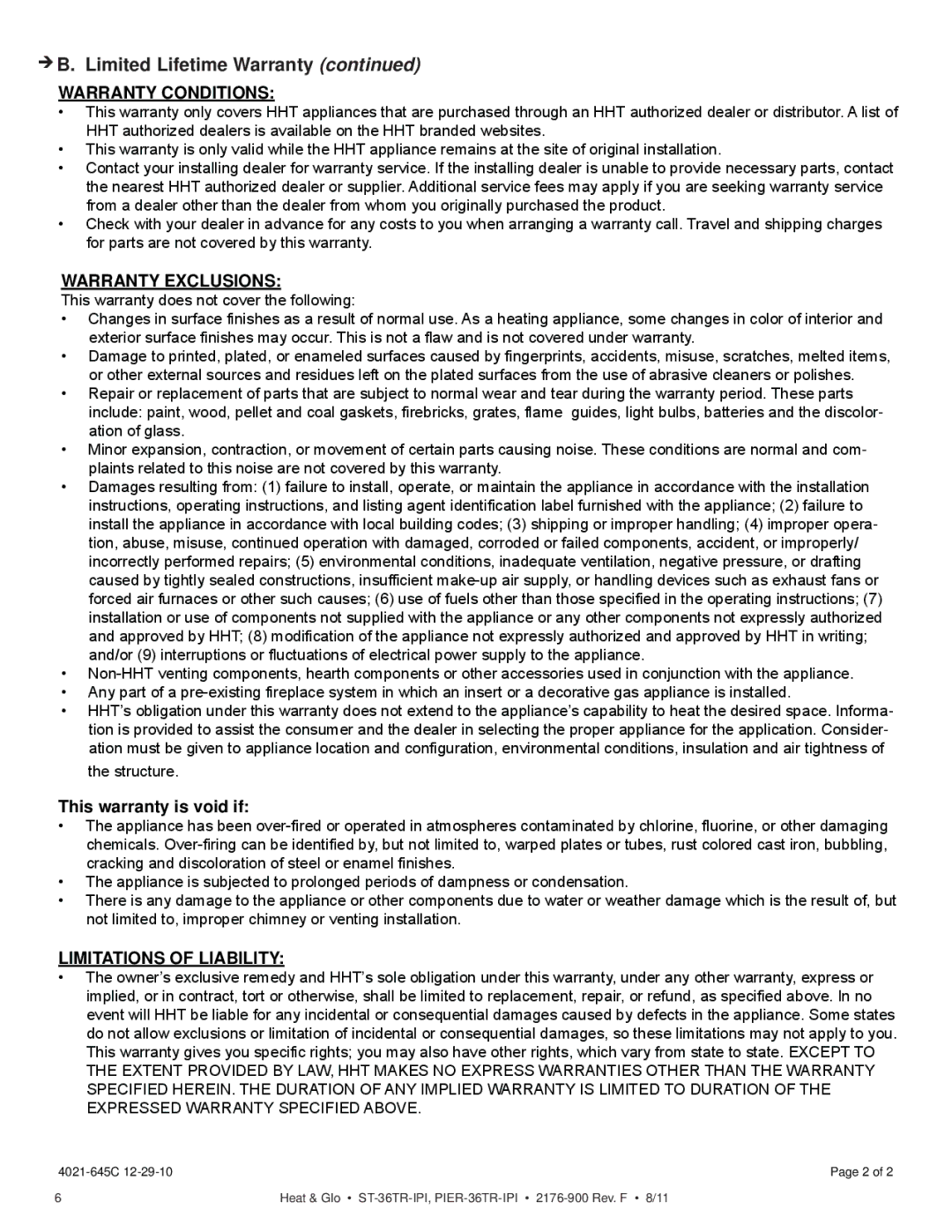 Heat & Glo LifeStyle ST-36TRLP-IPI, PIER-36TRLP-IPI, PIER-36TR-IPI, ST-36TR-IPI owner manual Warranty Conditions 