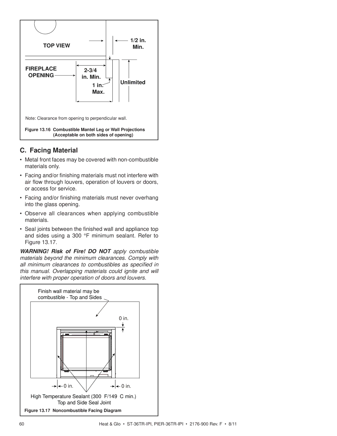 Heat & Glo LifeStyle PIER-36TRLP-IPI, PIER-36TR-IPI, ST-36TRLP-IPI Facing Material, Noncombustible Facing Diagram 