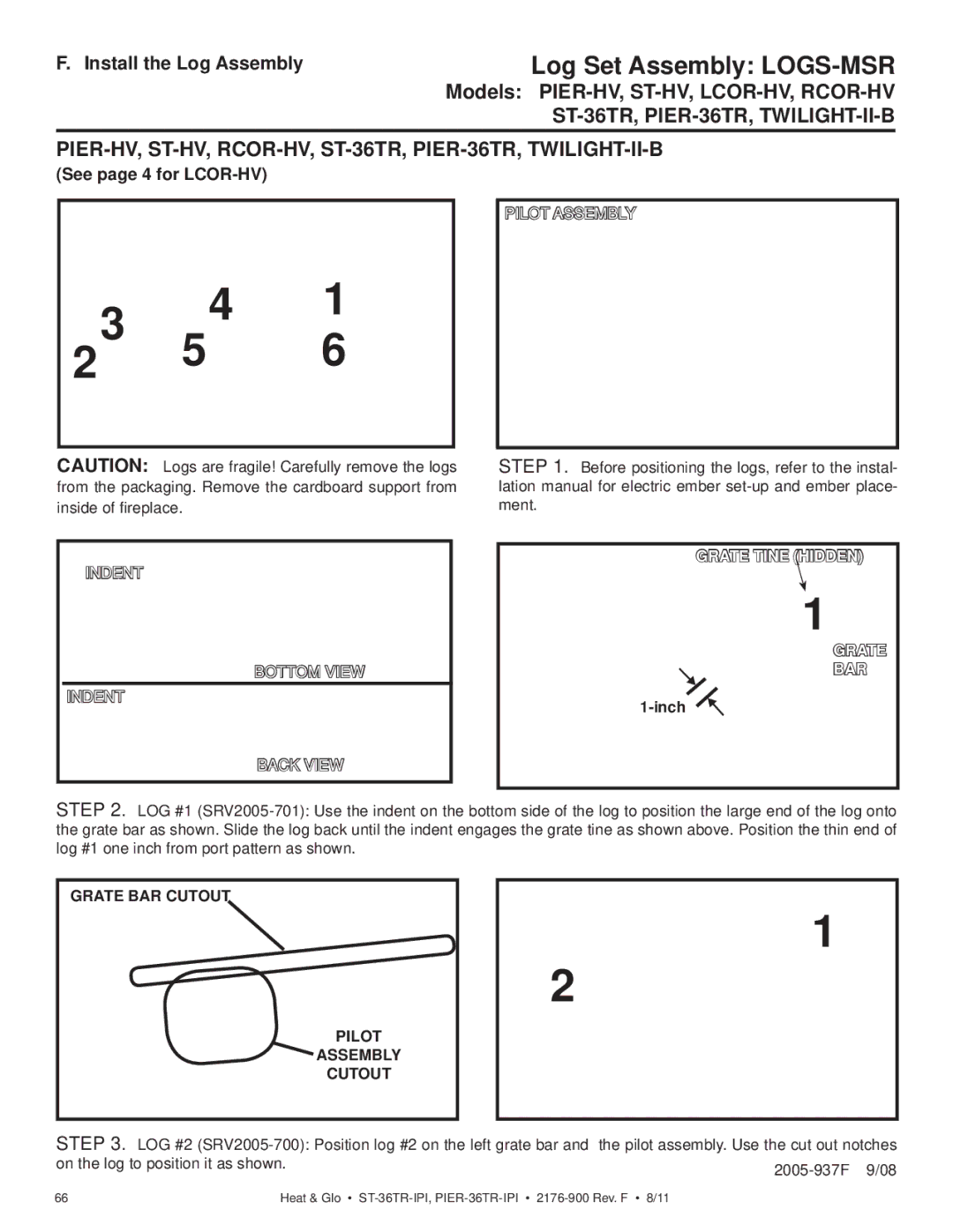 Heat & Glo LifeStyle ST-36TRLP-IPI, PIER-36TRLP-IPI, PIER-36TR-IPI, ST-36TR-IPI owner manual Install the Log Assembly, Inch 