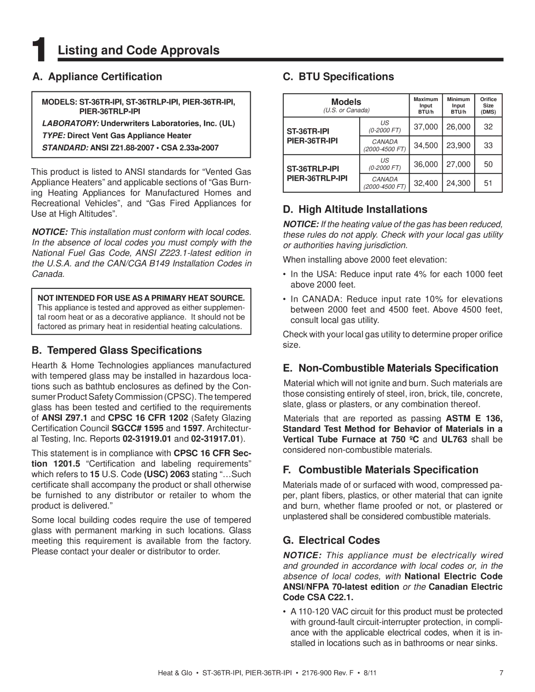 Heat & Glo LifeStyle ST-36TR-IPI, PIER-36TRLP-IPI, PIER-36TR-IPI, ST-36TRLP-IPI owner manual Listing and Code Approvals 