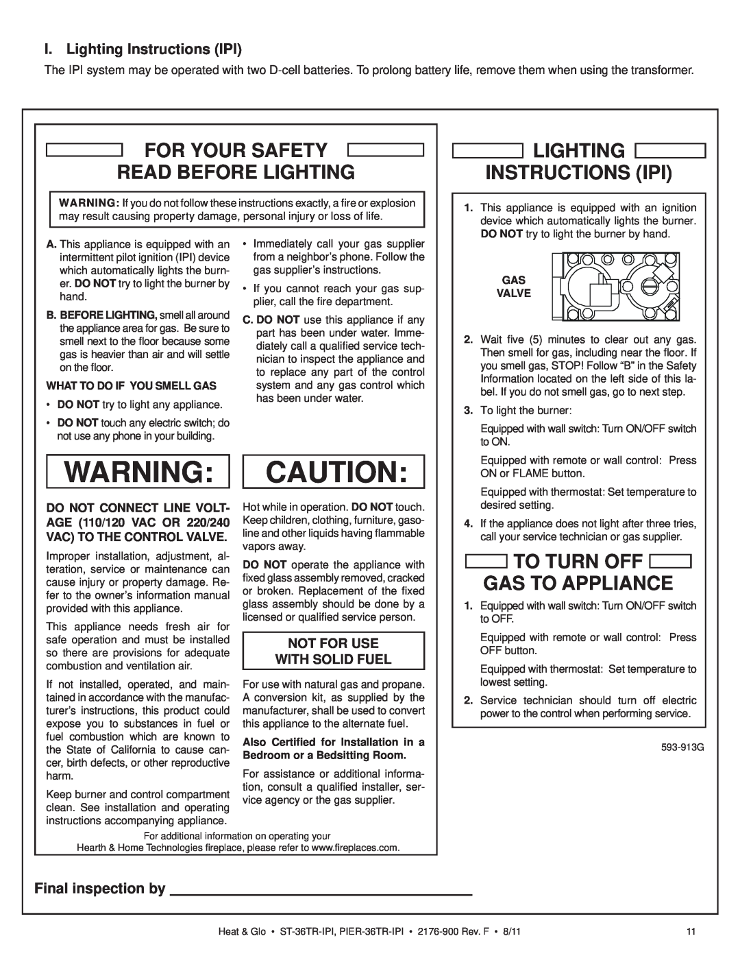 Heat & Glo LifeStyle ST-36TR-IPI For Your Safety Read Before Lighting, Lighting Instructions Ipi, Final inspection by 