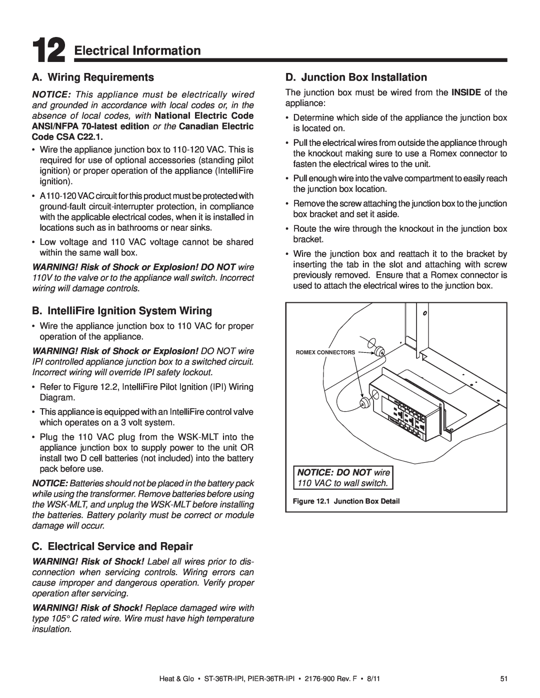 Heat & Glo LifeStyle ST-36TR-IPI owner manual Electrical Information, A. Wiring Requirements, D. Junction Box Installation 