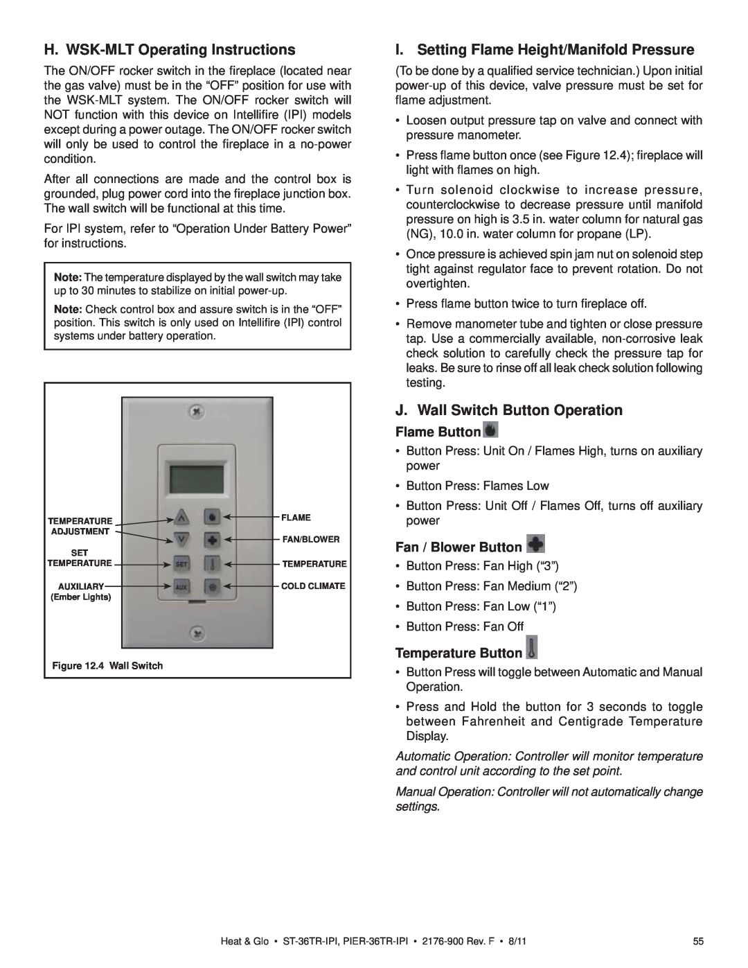 Heat & Glo LifeStyle ST-36TR-IPI owner manual H. WSK-MLT Operating Instructions, I. Setting Flame Height/Manifold Pressure 