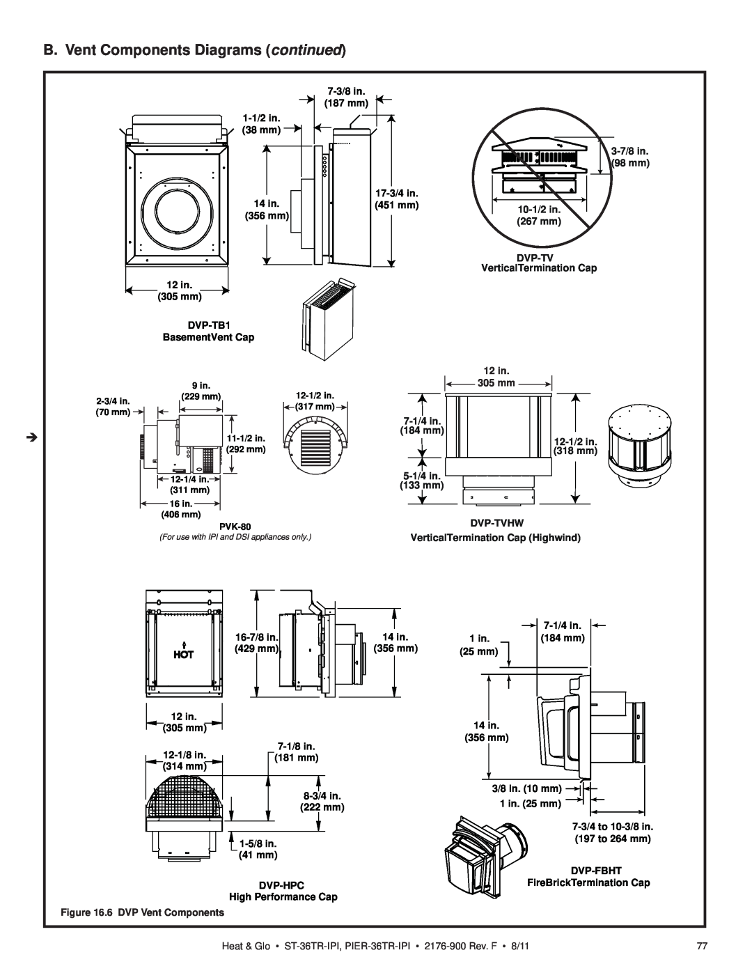 Heat & Glo LifeStyle PIER-36TR-IPI B. Vent Components Diagrams continued, 3-7/8 in, 98 mm, 10-1/2 in, 267 mm, Dvp-Tv, 8/11 