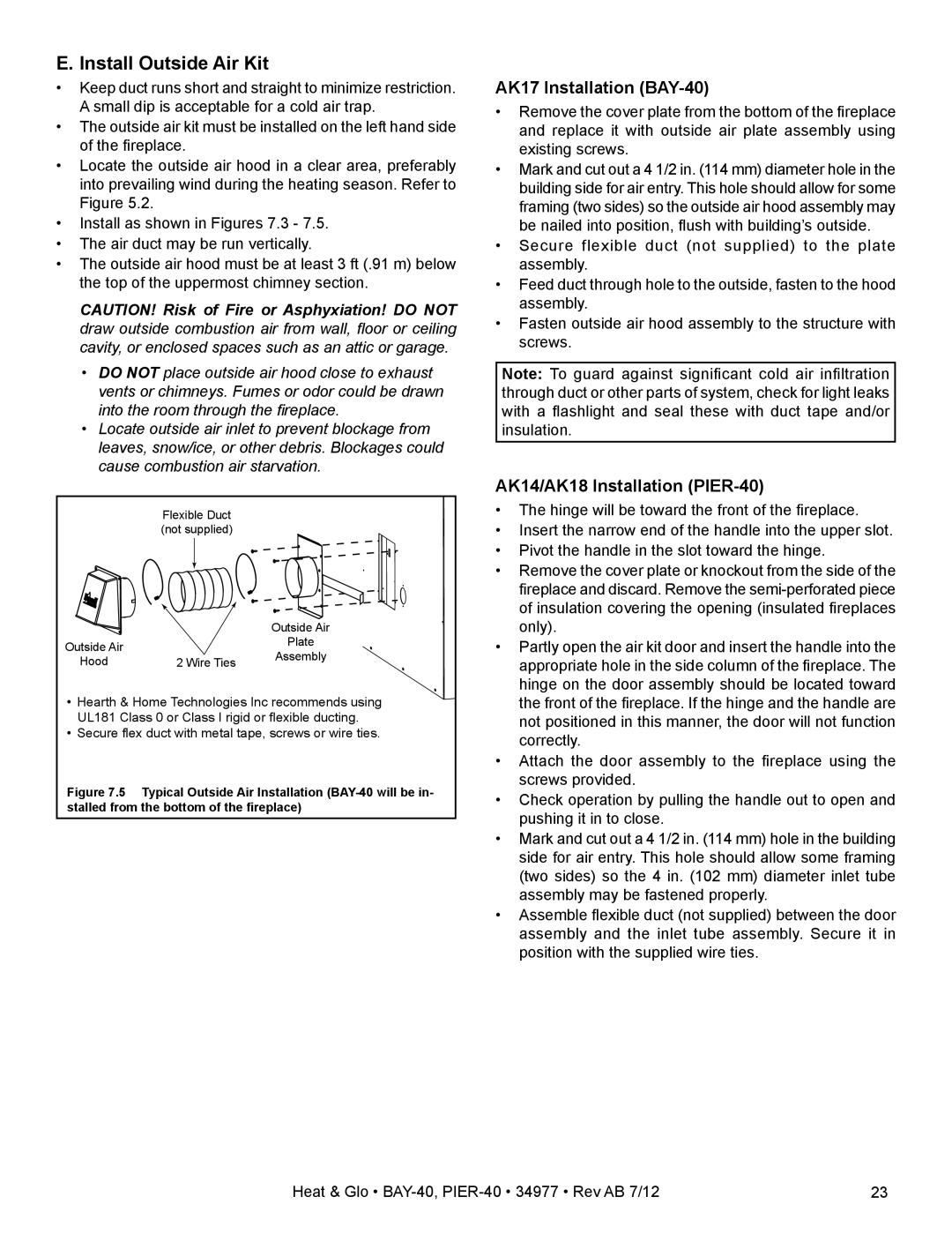 Heat & Glo LifeStyle owner manual Install Outside Air Kit, AK17 Installation BAY-40, AK14/AK18 Installation PIER-40 