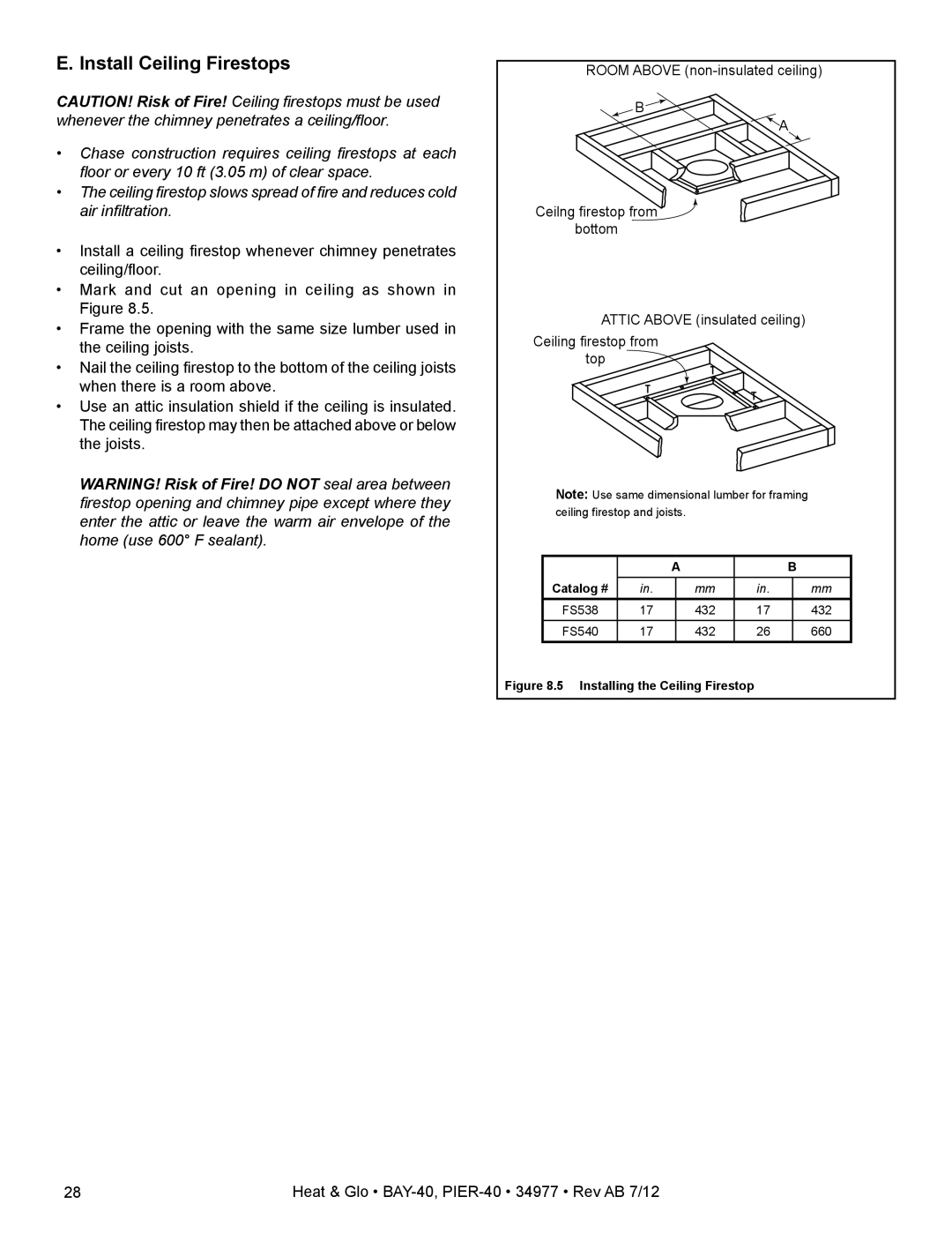 Heat & Glo LifeStyle PIER-40 owner manual Install Ceiling Firestops, Installing the Ceiling Firestop 