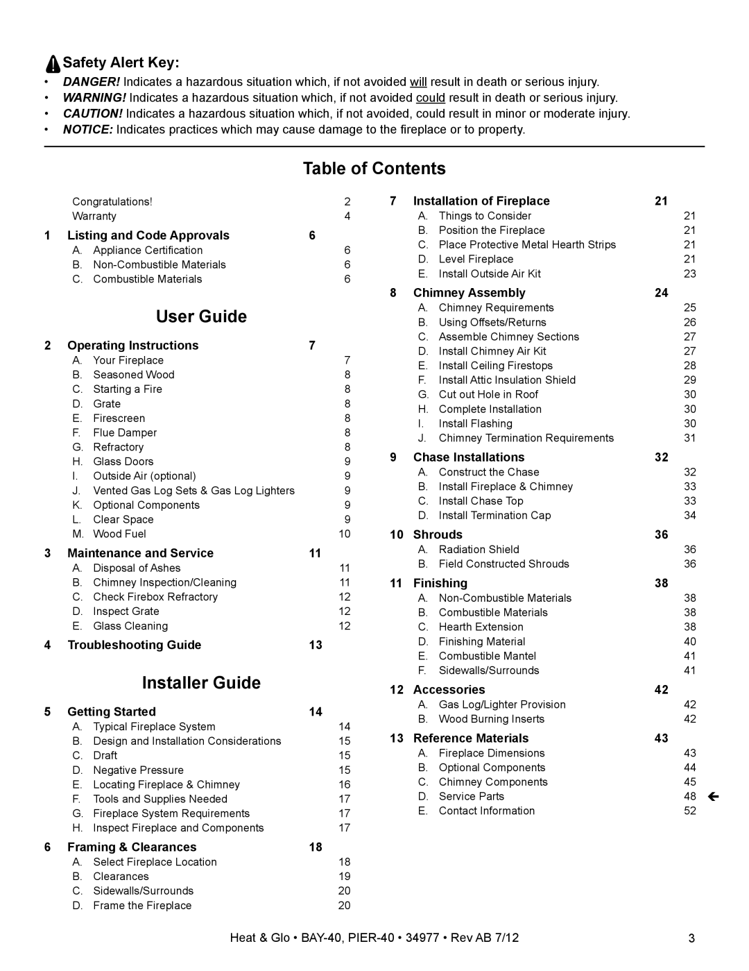 Heat & Glo LifeStyle PIER-40 owner manual Table of Contents, User Guide, Installer Guide 