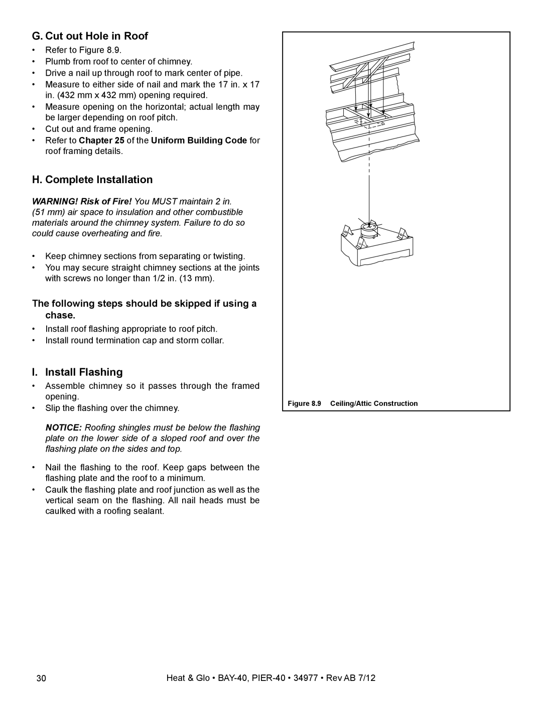 Heat & Glo LifeStyle PIER-40 owner manual Cut out Hole in Roof, Complete Installation, Install Flashing 