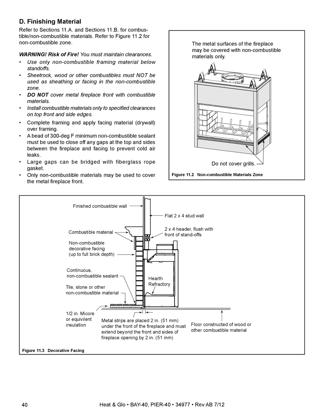 Heat & Glo LifeStyle PIER-40 owner manual Finishing Material, Hearth Refractory In. Micore or equivilent insulation 