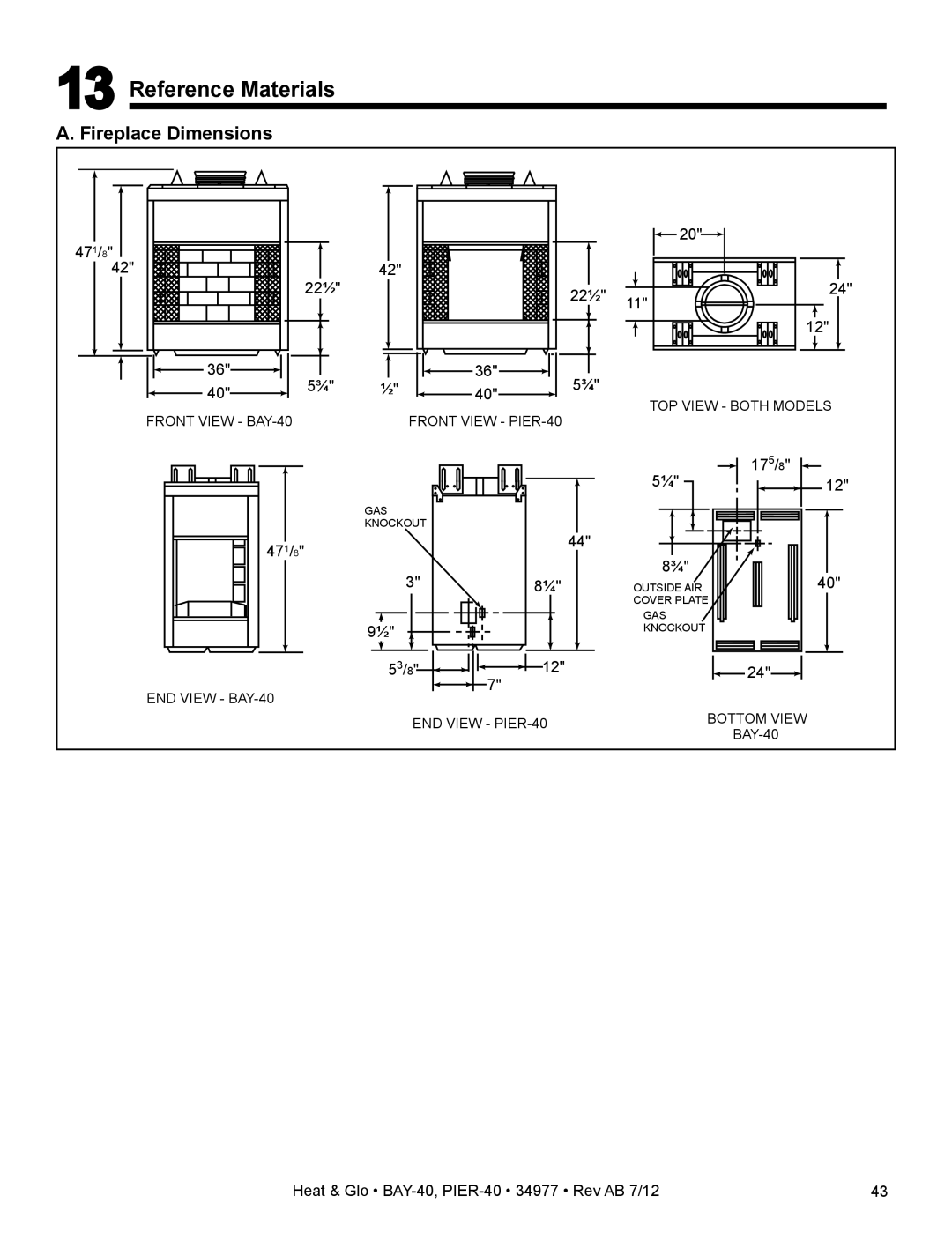 Heat & Glo LifeStyle PIER-40 owner manual Reference Materials, Fireplace Dimensions 