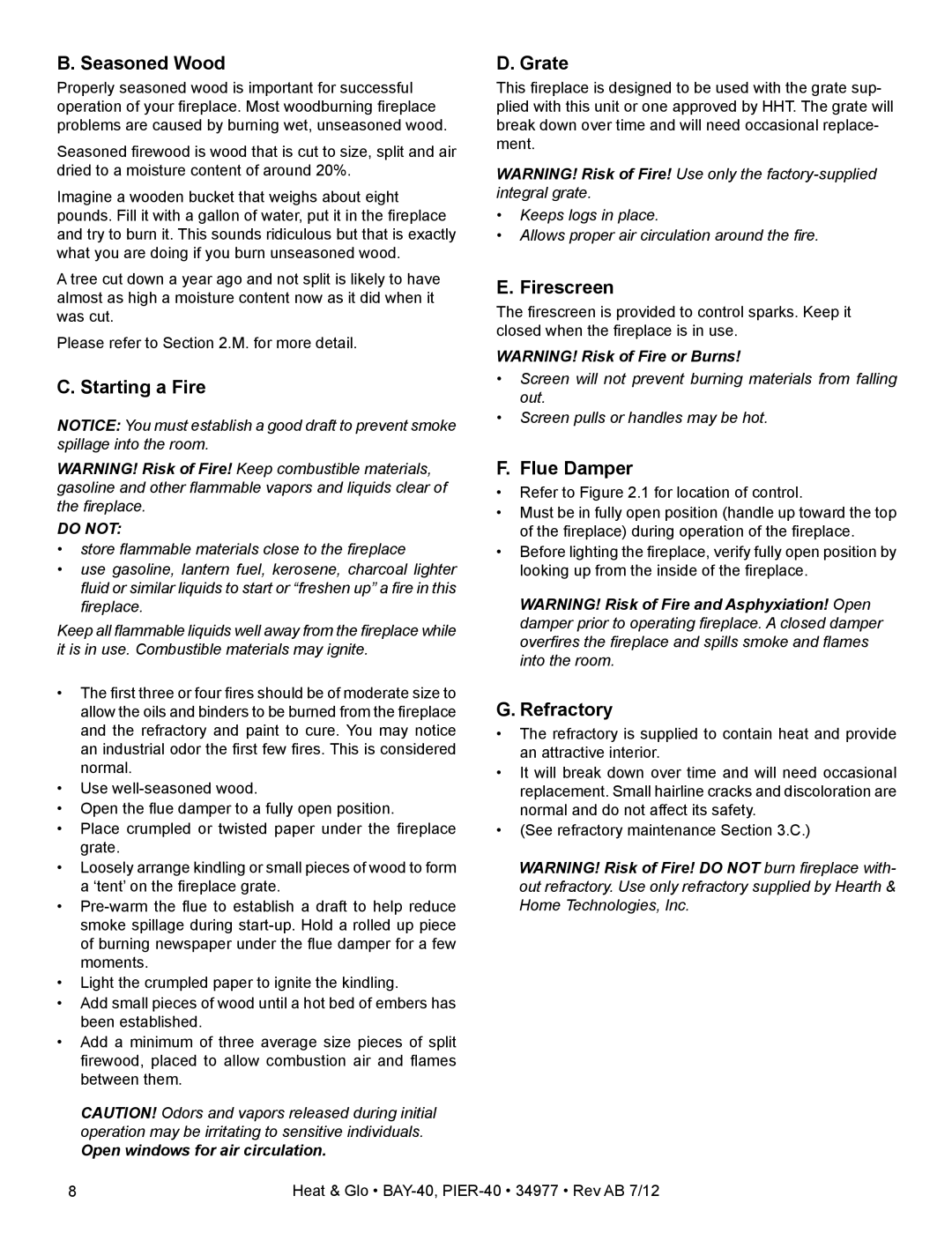 Heat & Glo LifeStyle PIER-40 owner manual Seasoned Wood, Starting a Fire, Grate, Firescreen, Flue Damper, Refractory 