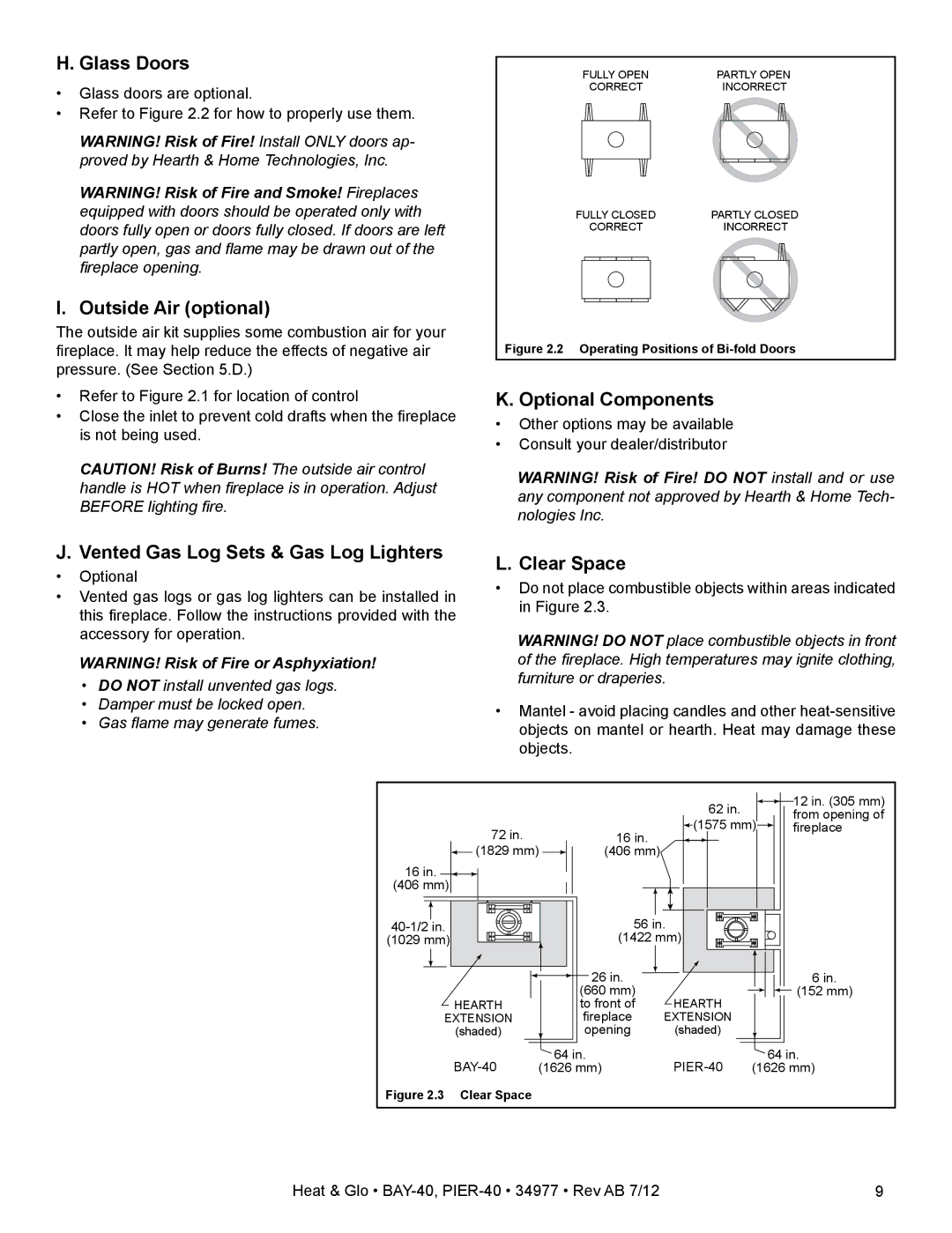 Heat & Glo LifeStyle PIER-40 owner manual Glass Doors, Outside Air optional, Optional Components, Clear Space 