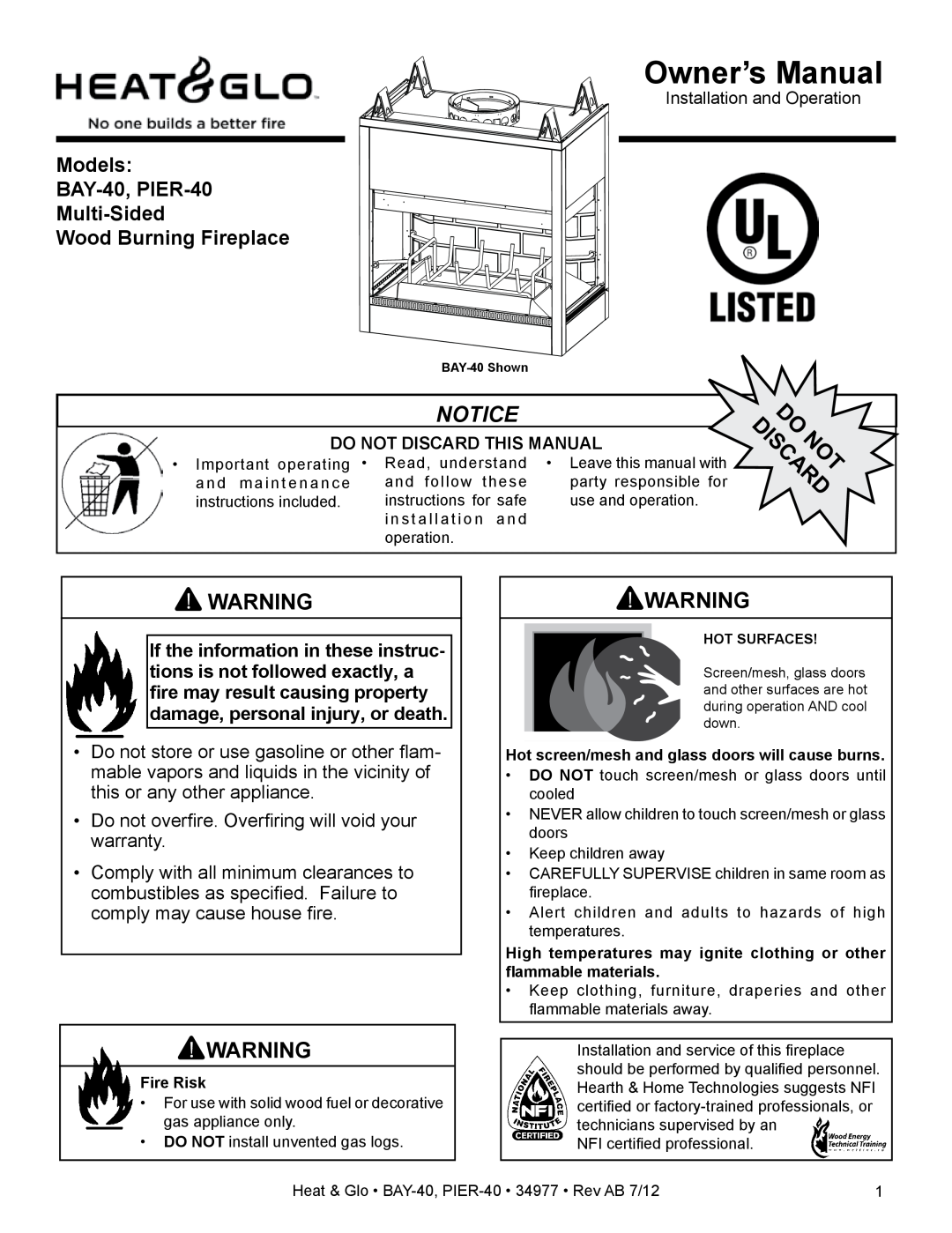 Heat & Glo LifeStyle owner manual Models BAY-40, PIER-40 Multi-Sided, Wood Burning Fireplace 