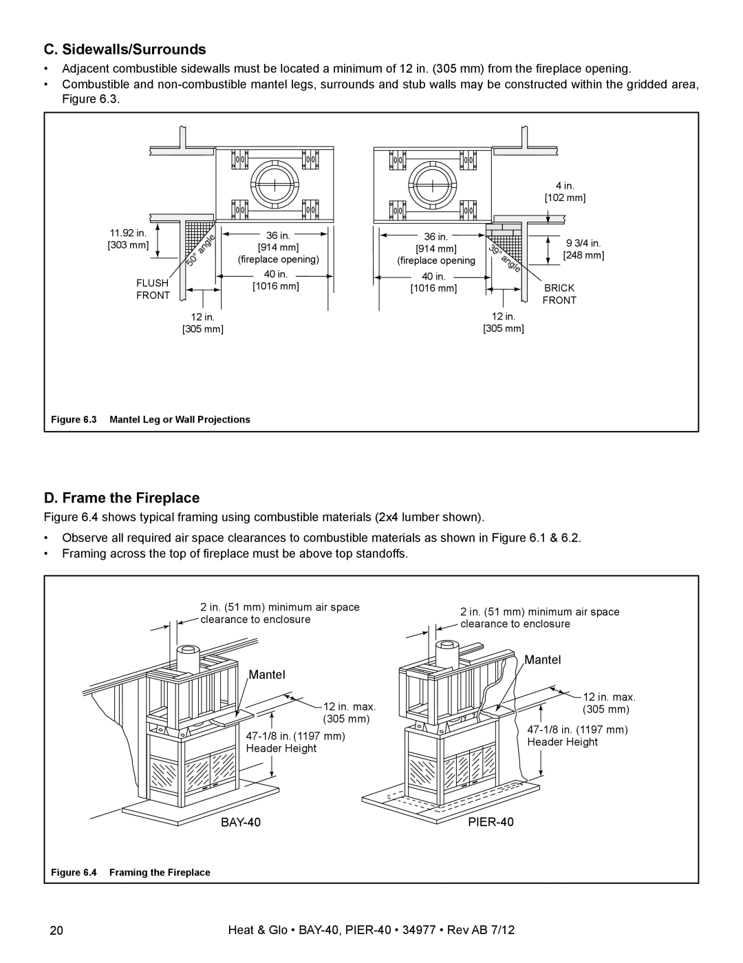 Heat & Glo LifeStyle owner manual D. Frame the Fireplace, Mantel, Heat & Glo BAY-40, PIER-40 34977 Rev AB 7/12 
