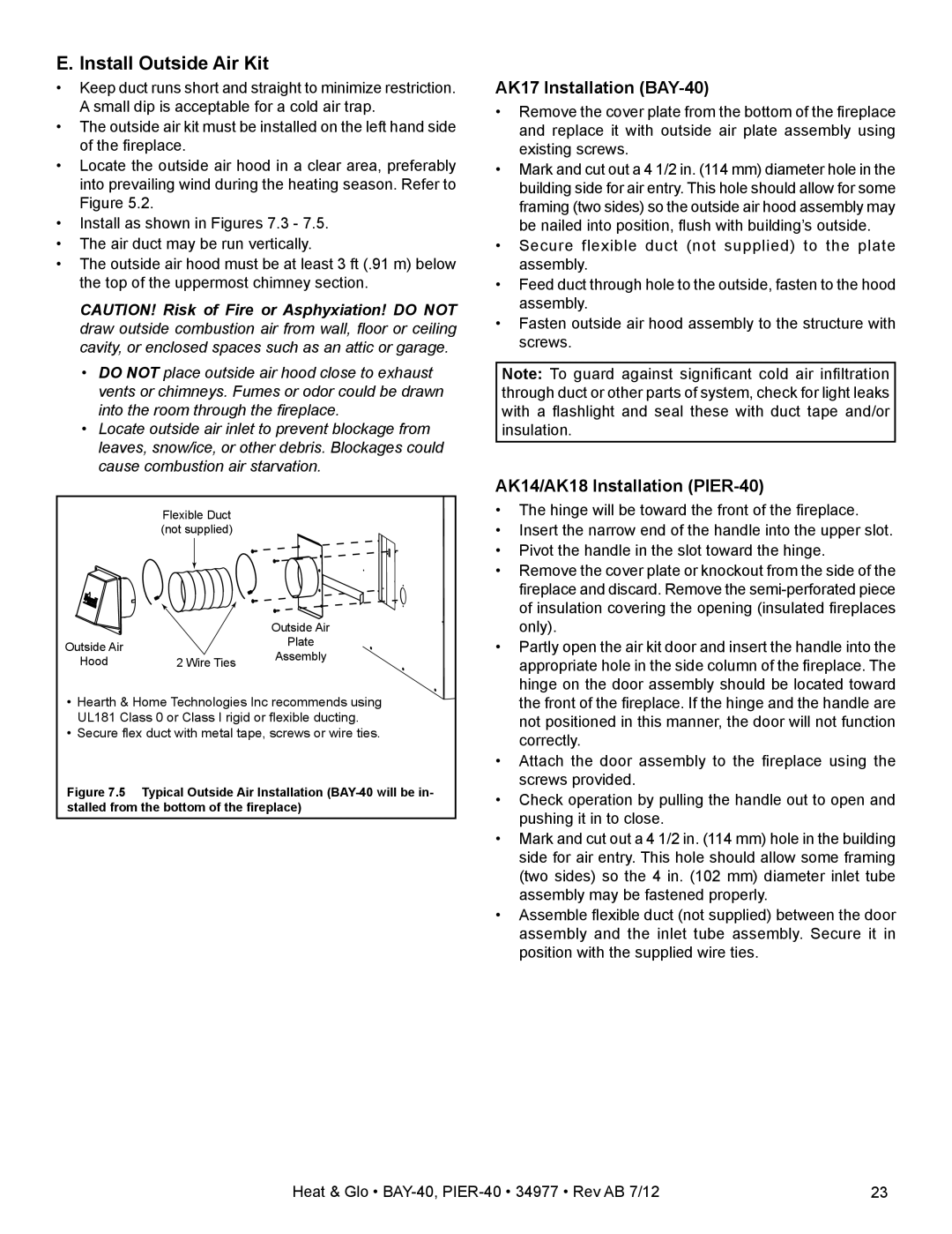 Heat & Glo LifeStyle owner manual E. Install Outside Air Kit, AK17 Installation BAY-40, AK14/AK18 Installation PIER-40 