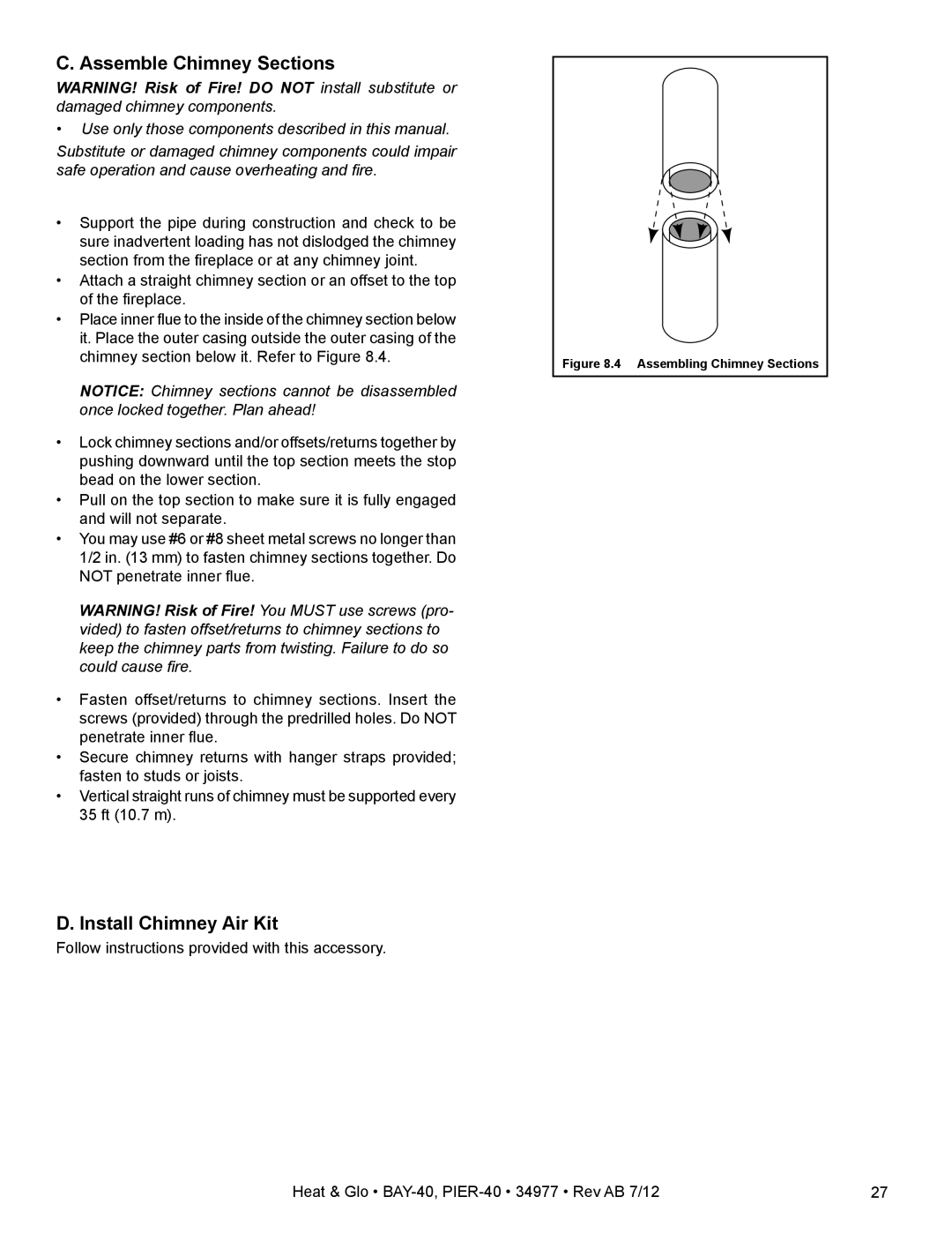 Heat & Glo LifeStyle PIER-40 owner manual C. Assemble Chimney Sections, D. Install Chimney Air Kit 