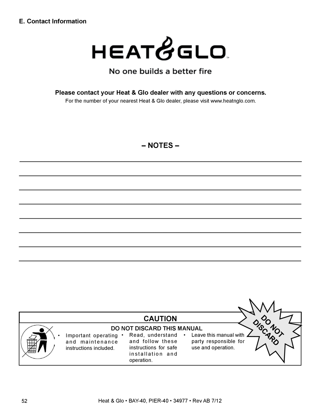 Heat & Glo LifeStyle PIER-40 owner manual E. Contact Information, Do Not Discard This Manual, Do Discardnot 