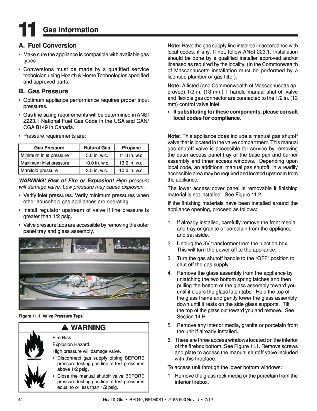 Heat & Glo LifeStyle RED40ST owner manual Gas Information, A. Fuel Conversion, B. Gas Pressure 