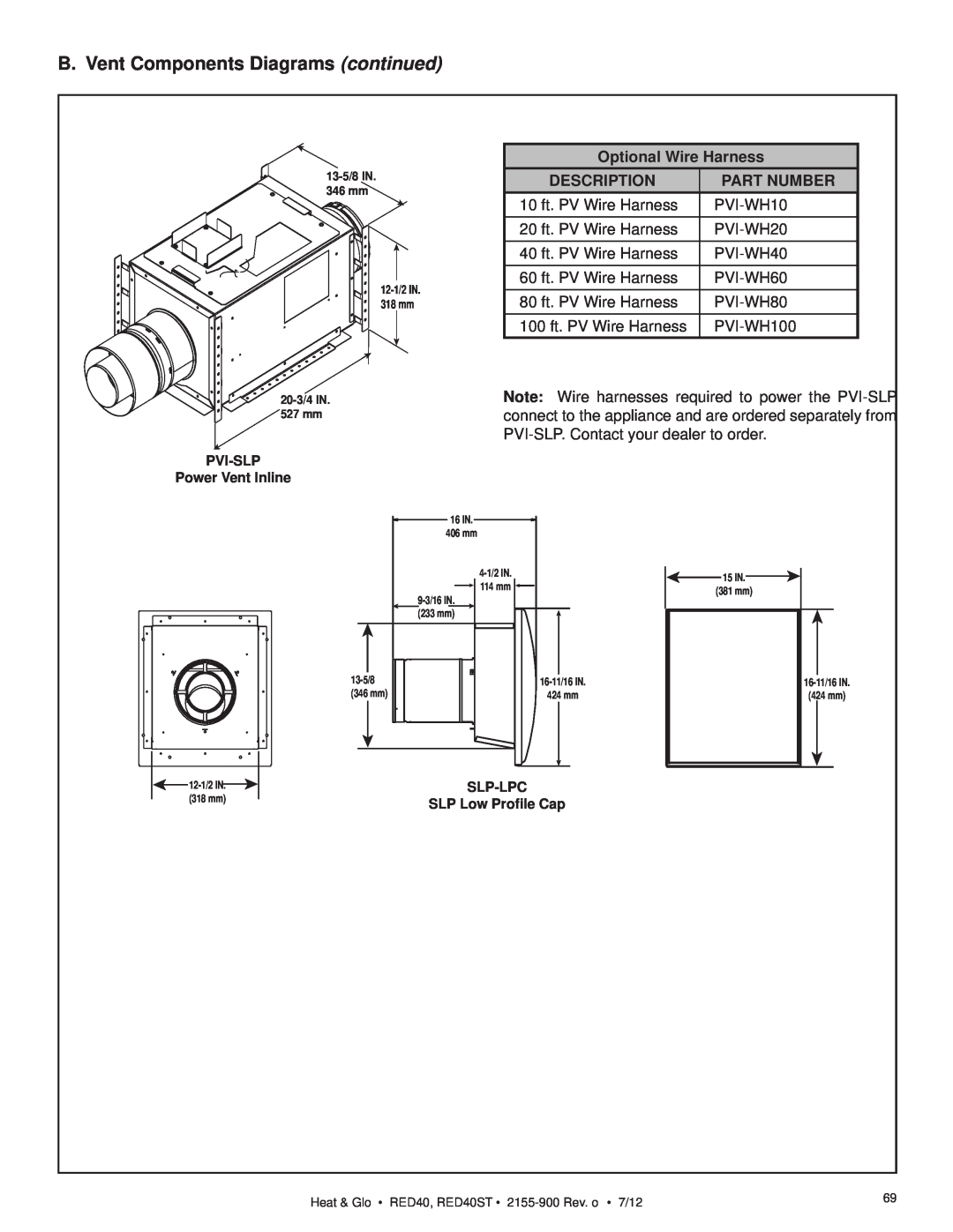 Heat & Glo LifeStyle RED40ST B. Vent Components Diagrams continued, Optional Wire Harness, Description, Part Number 