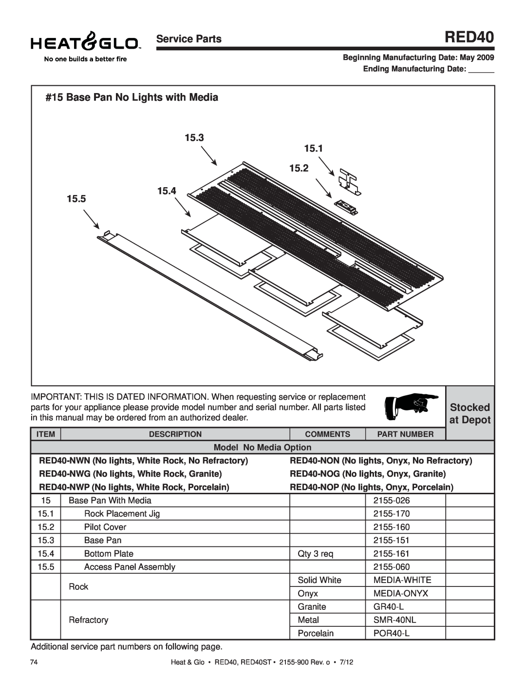 Heat & Glo LifeStyle RED40ST #15 Base Pan No Lights with Media, Service Parts, Stocked, at Depot, 15.3, 15.1, 15.2, 15.5 