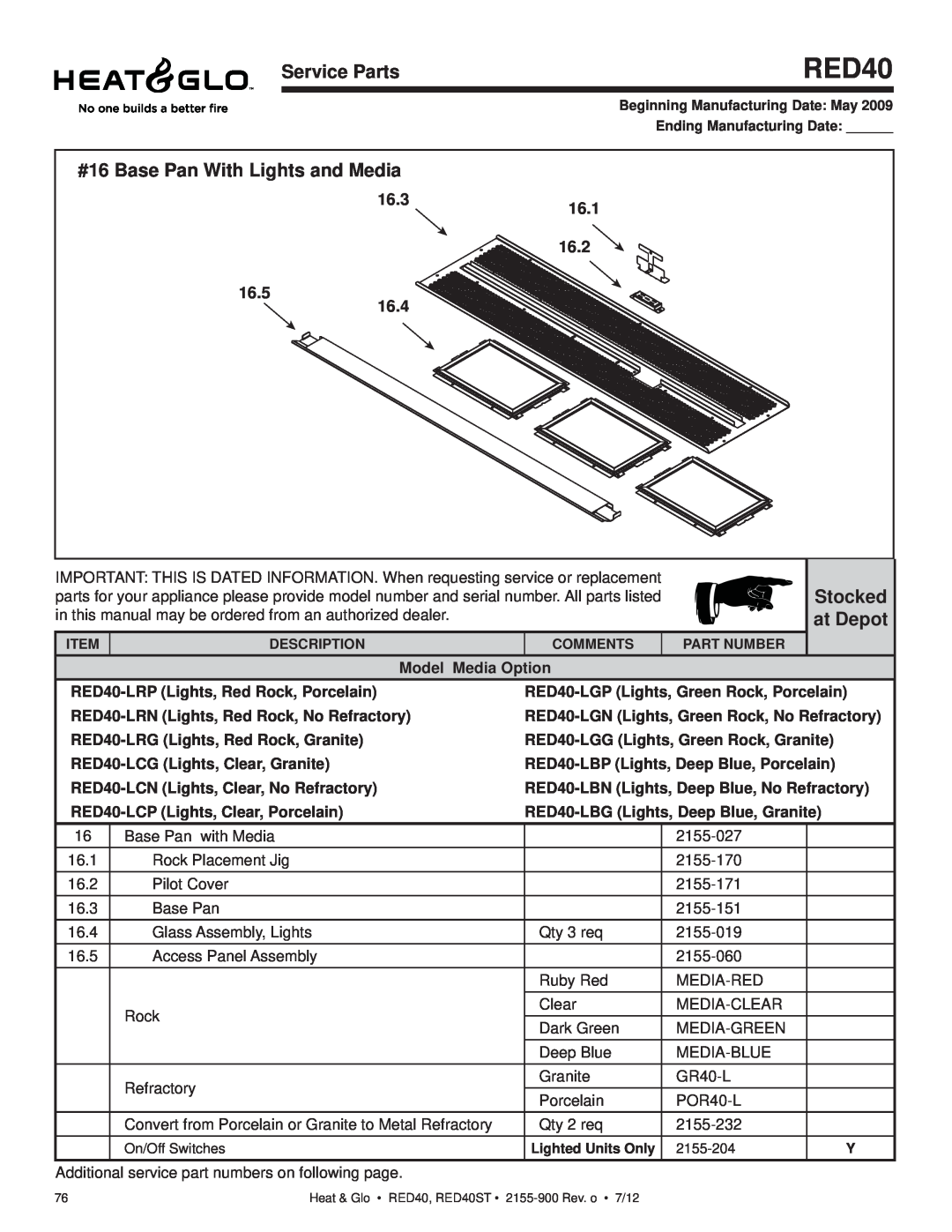 Heat & Glo LifeStyle RED40ST #16 Base Pan With Lights and Media, Stocked at Depot, Service Parts, 16.3, 16.1, 16.2, 16.5 