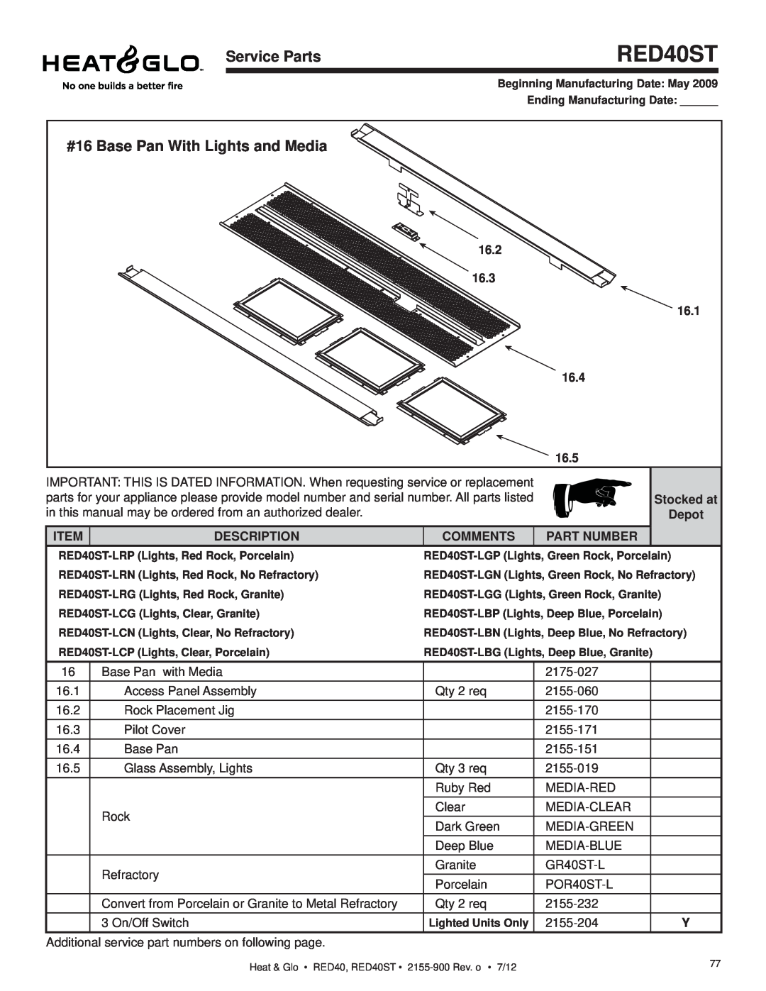 Heat & Glo LifeStyle RED40ST, Service Parts, #16 Base Pan With Lights and Media, 16.2, 16.3, 16.1, 16.4, 16.5, Depot 