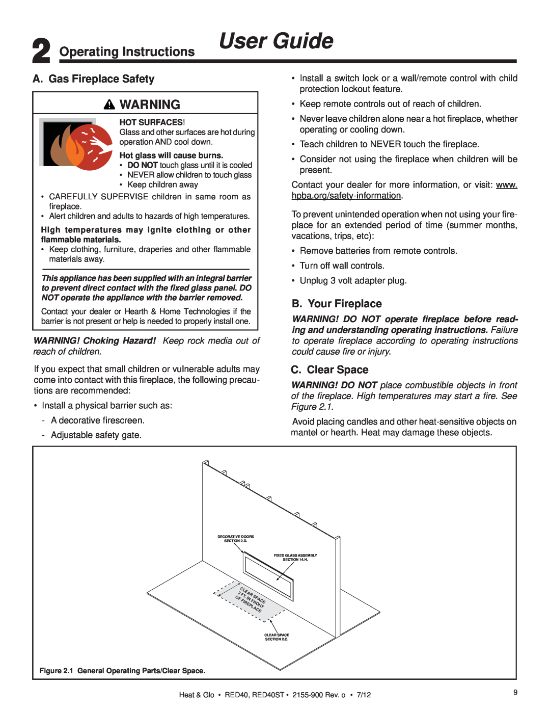 Heat & Glo LifeStyle RED40 Operating Instructions User Guide, A. Gas Fireplace Safety, B. Your Fireplace, C. Clear Space 