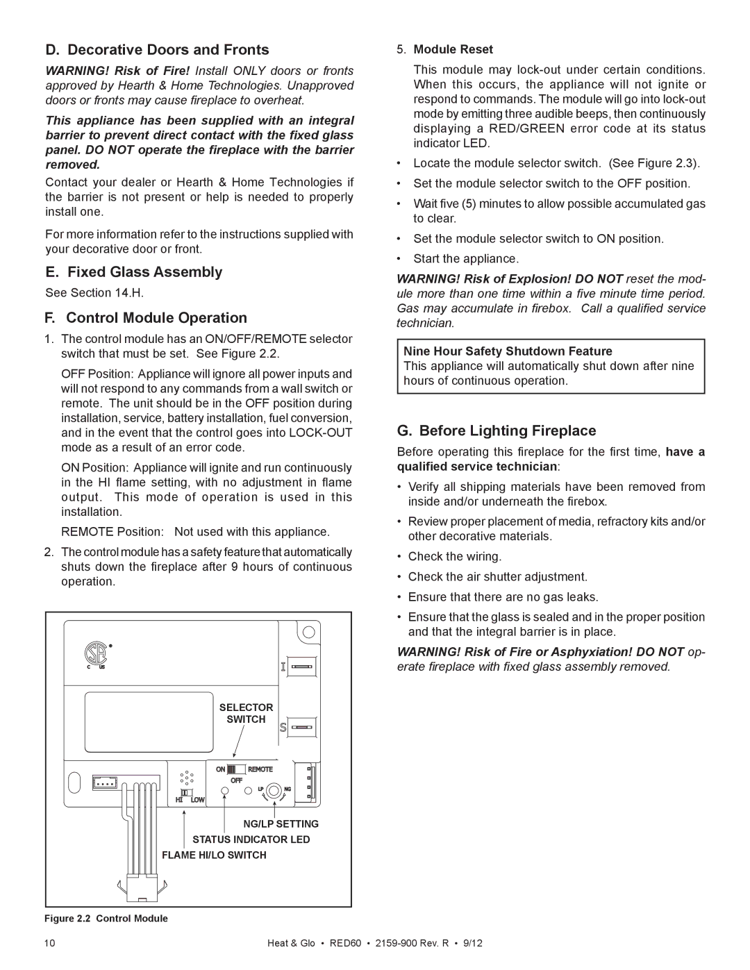 Heat & Glo LifeStyle RED60 2159-900 manual Decorative Doors and Fronts, Fixed Glass Assembly, Control Module Operation 