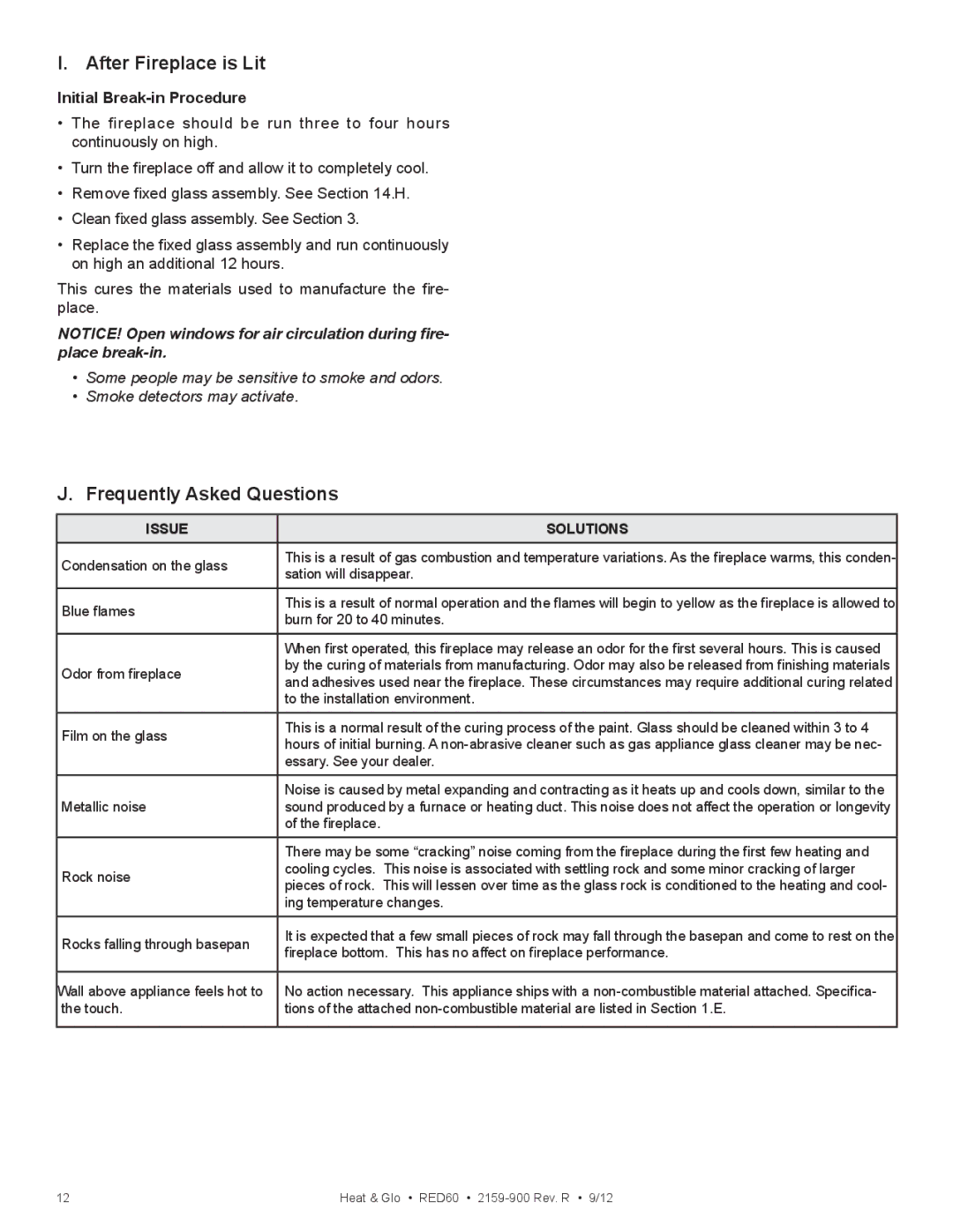 Heat & Glo LifeStyle RED60 2159-900 manual After Fireplace is Lit, Frequently Asked Questions, Initial Break-in Procedure 