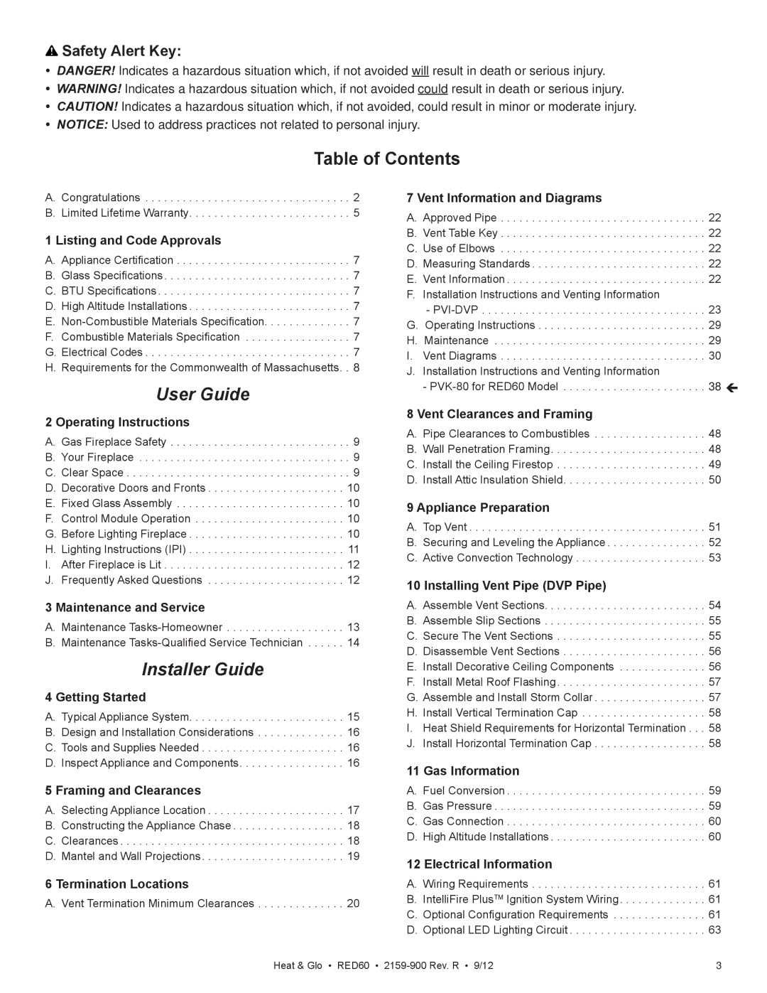 Heat & Glo LifeStyle RED60 2159-900 manual Table of Contents, User Guide 