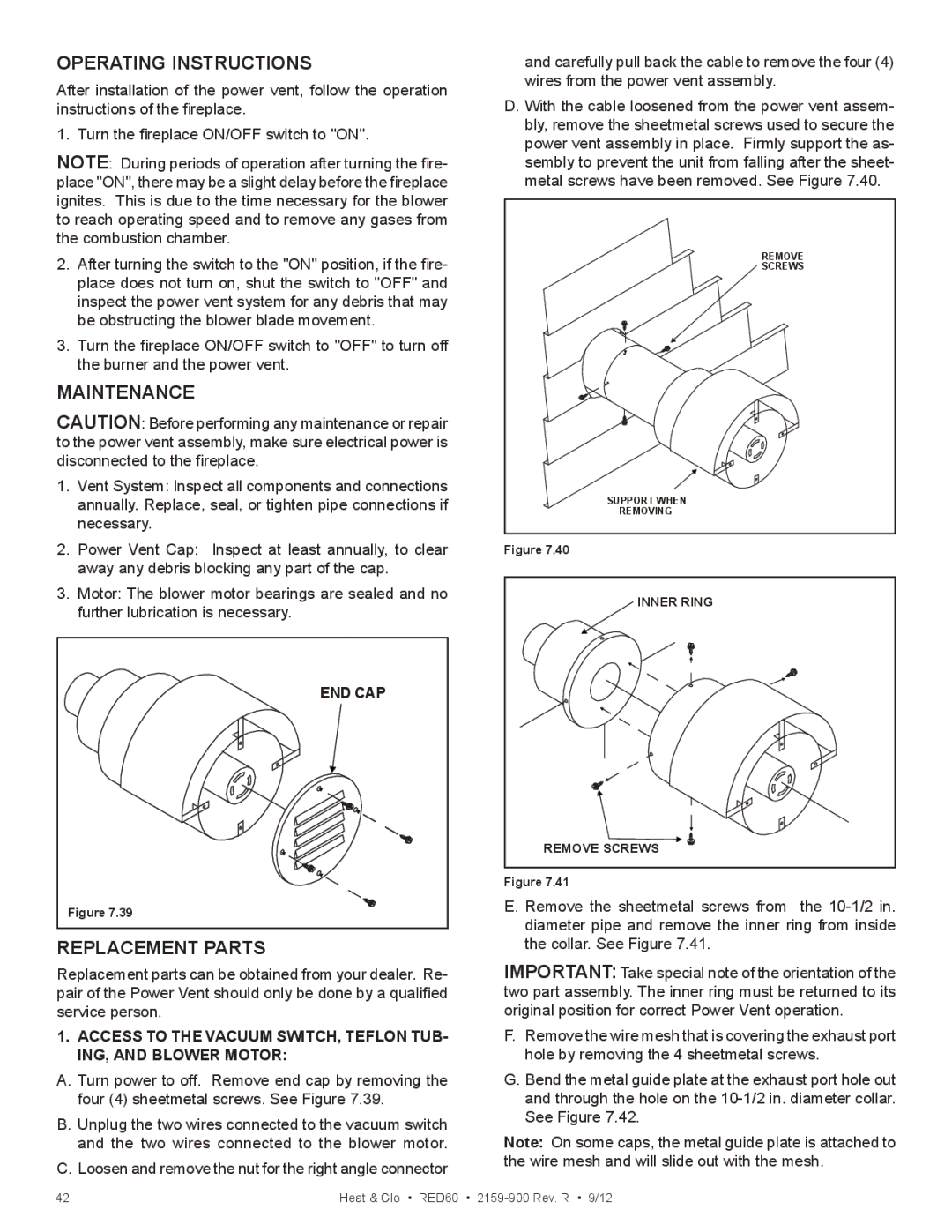 Heat & Glo LifeStyle RED60 2159-900 manual Operating Instructions 