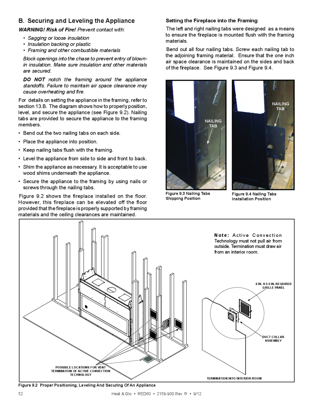 Heat & Glo LifeStyle RED60 2159-900 manual Securing and Leveling the Appliance, Setting the Fireplace into the Framing 