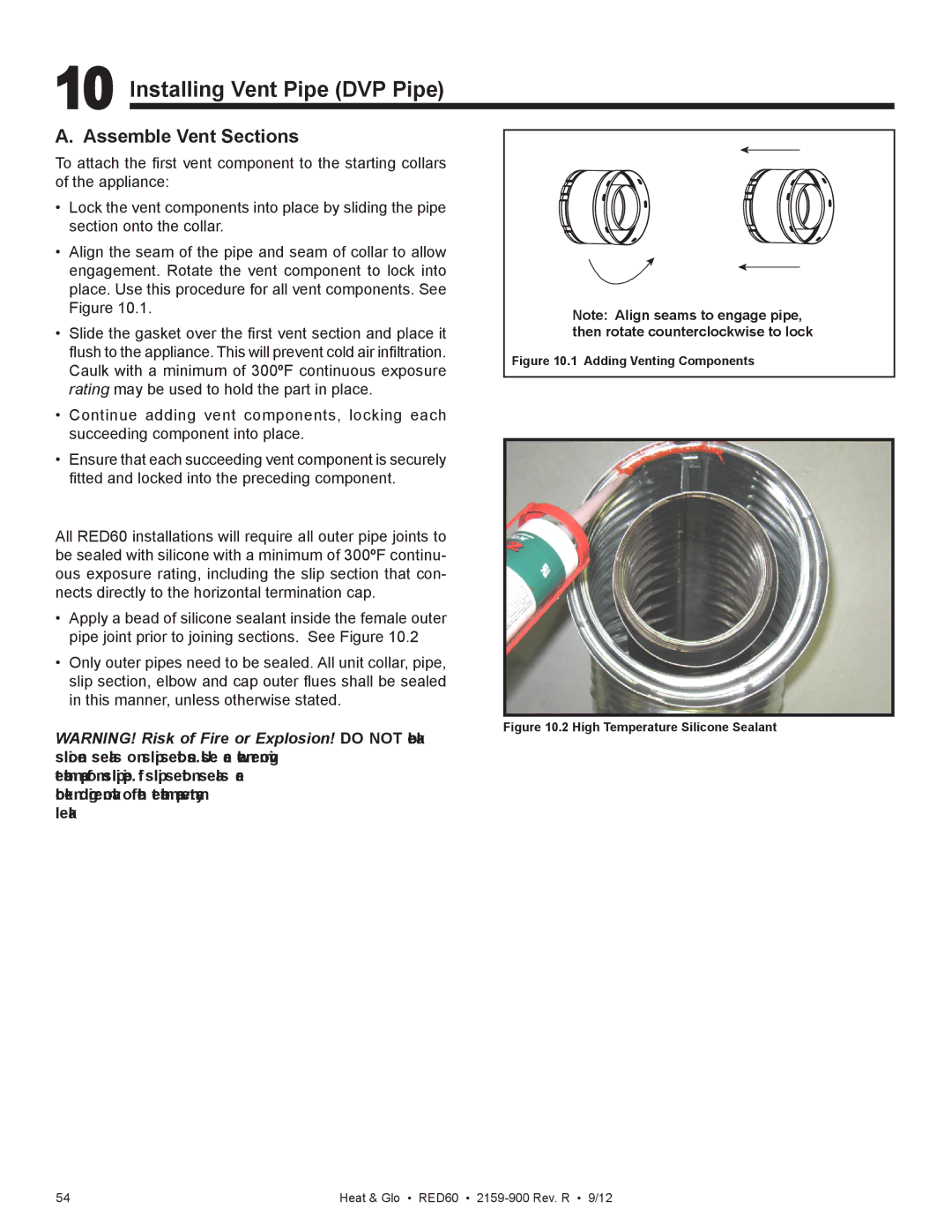 Heat & Glo LifeStyle RED60 2159-900 manual Installing Vent Pipe DVP Pipe, Assemble Vent Sections 