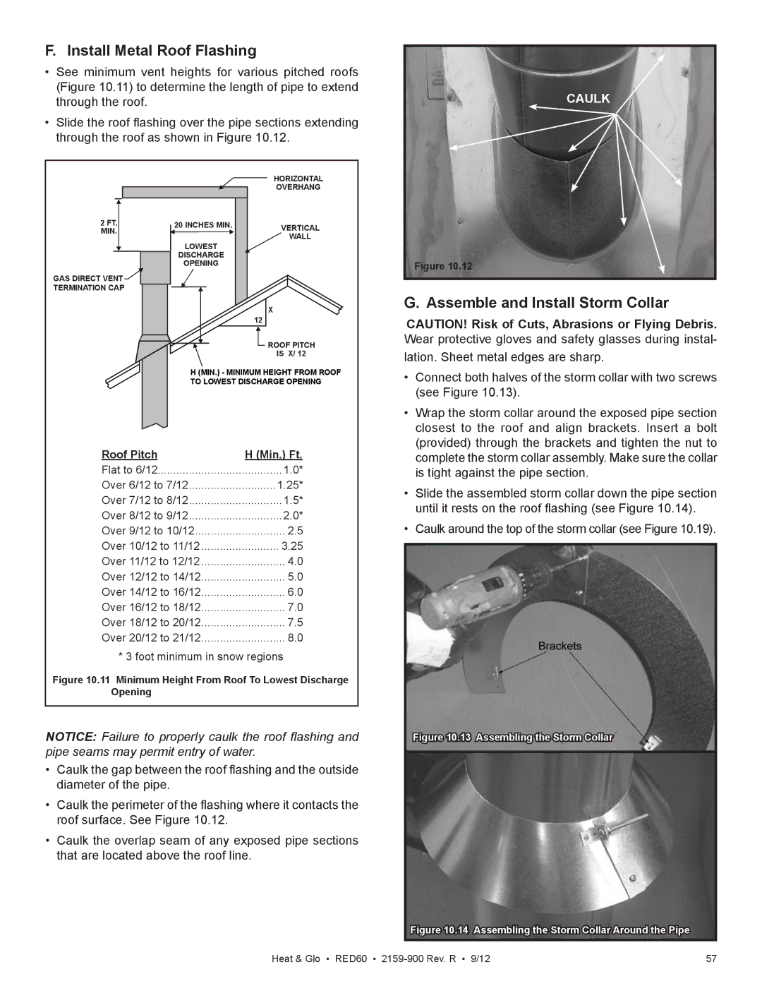 Heat & Glo LifeStyle RED60 2159-900 manual Install Metal Roof Flashing, Assemble and Install Storm Collar 