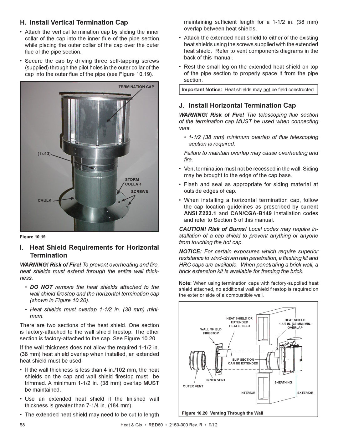 Heat & Glo LifeStyle RED60 2159-900 Install Vertical Termination Cap, Heat Shield Requirements for Horizontal Termination 