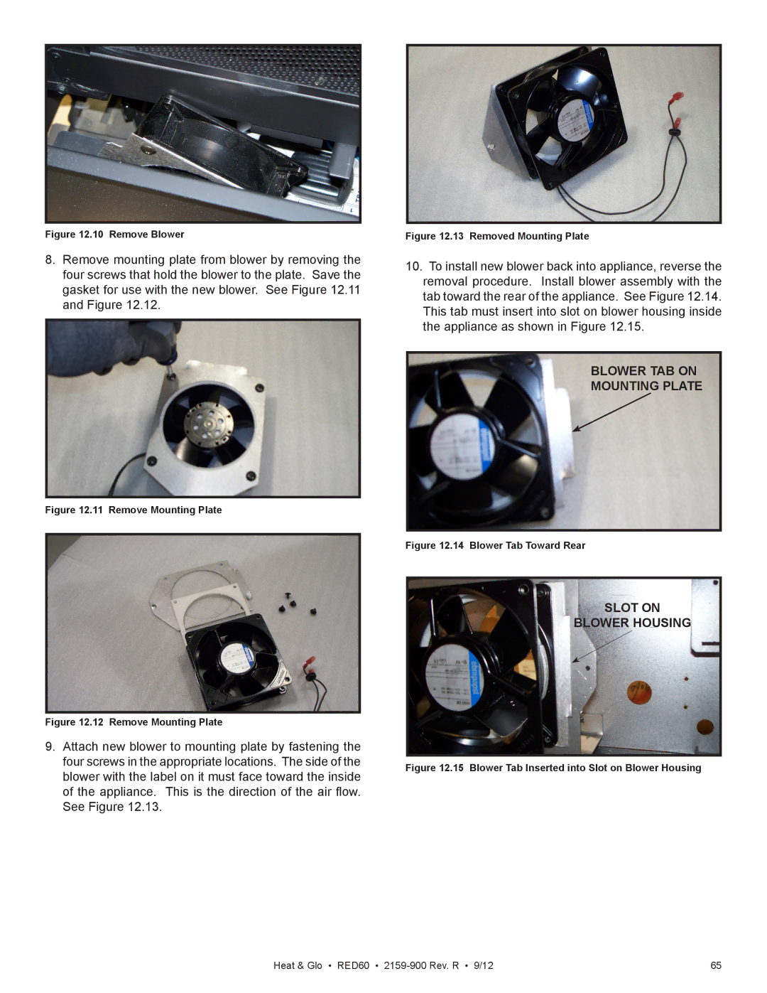 Heat & Glo LifeStyle RED60 2159-900 manual Blower TAB on Mounting Plate, Slot on Blower Housing 