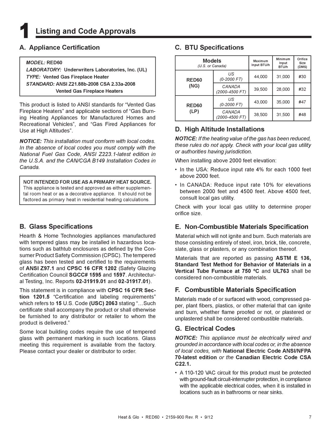 Heat & Glo LifeStyle RED60 2159-900 manual Listing and Code Approvals 